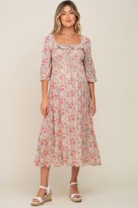 Light Pink Floral Smocked Half Sleeve Maternity Midi Dress sold by Pinkblush