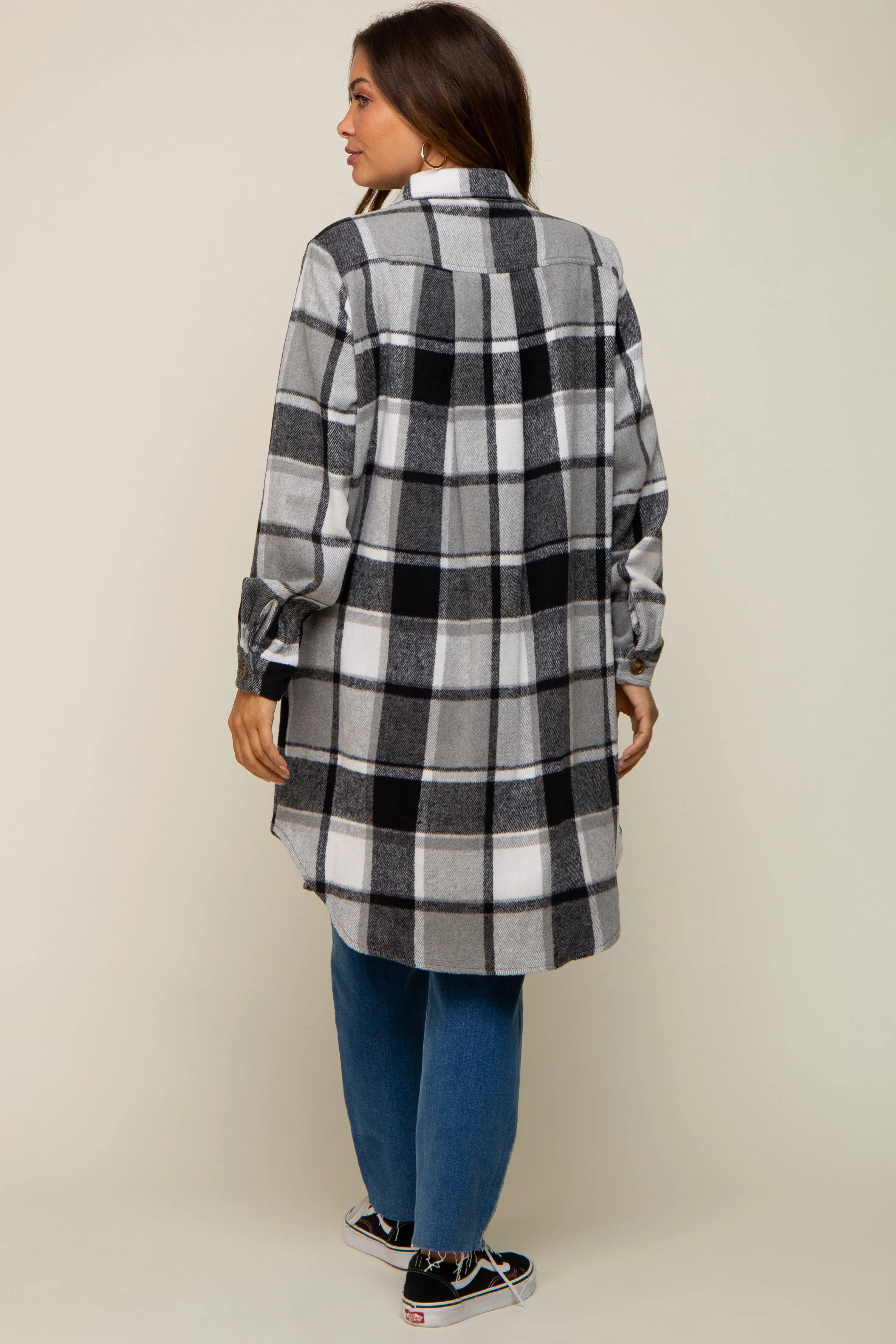 Black Plaid Fleece Maternity Long Shirt Jacket sold by Pinkblush product image thumbnail 3