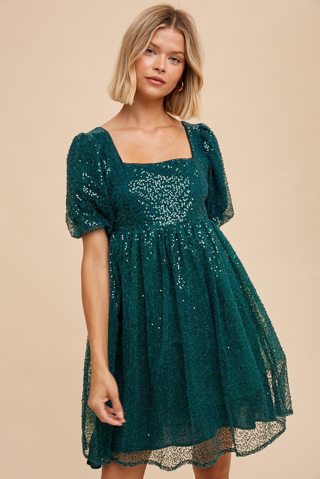 Forest Green Sequin Pearl Embellished Square Neck Babydoll Dress sold by Pinkblush