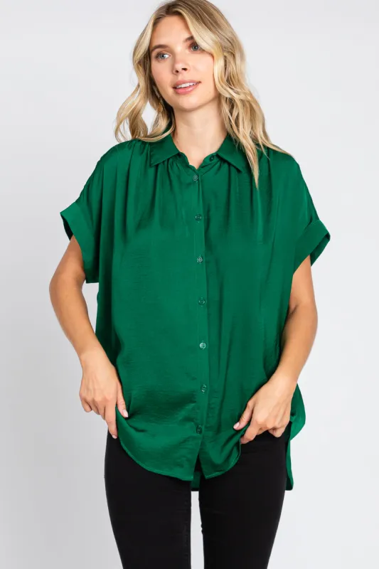 Forest Green Satin Button Front Collared Short Sleeve Top sold by Pinkblush