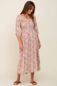 Light Pink Floral Smocked Half Sleeve Maternity Midi Dress sold by Pinkblush