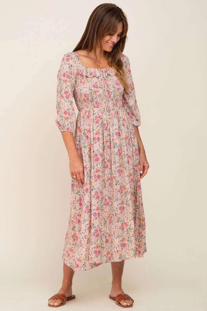Light Pink Floral Smocked Half Sleeve Maternity Midi Dress sold by Pinkblush product image thumbnail 5