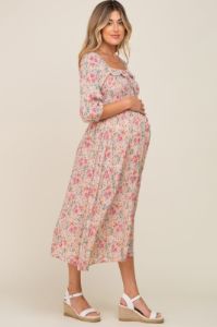 Light Pink Floral Smocked Half Sleeve Maternity Midi Dress sold by Pinkblush
