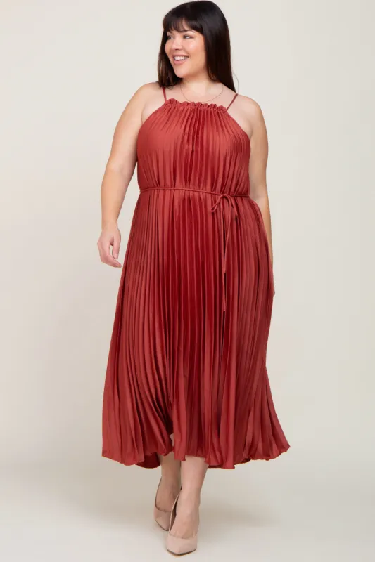 Rust Pleated Sleeveless Waist Tie Plus Maxi Dress sold by Pinkblush