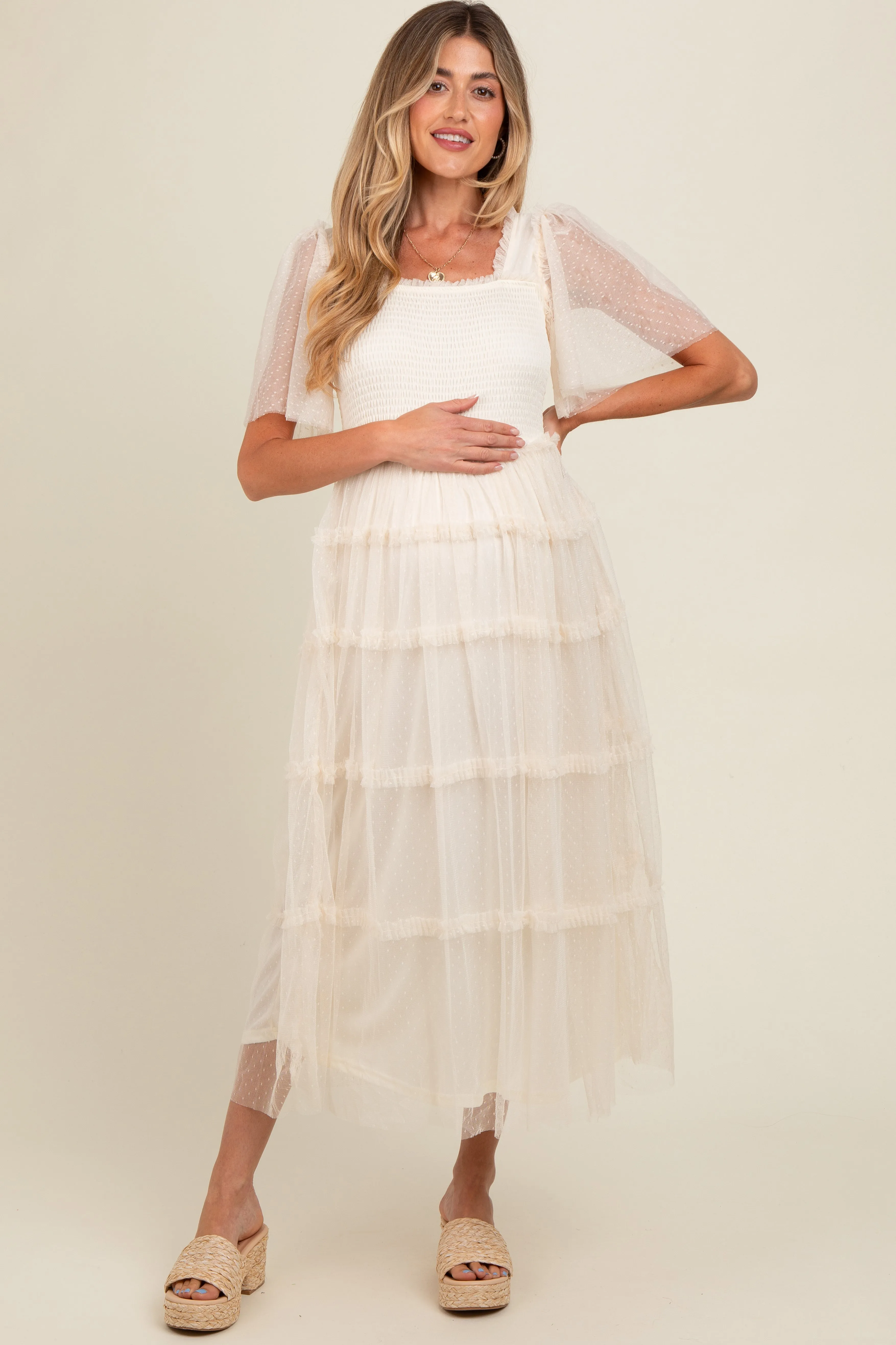 Beige Ruffled Mesh Maternity Maxi Dress sold by Pinkblush product image thumbnail 2