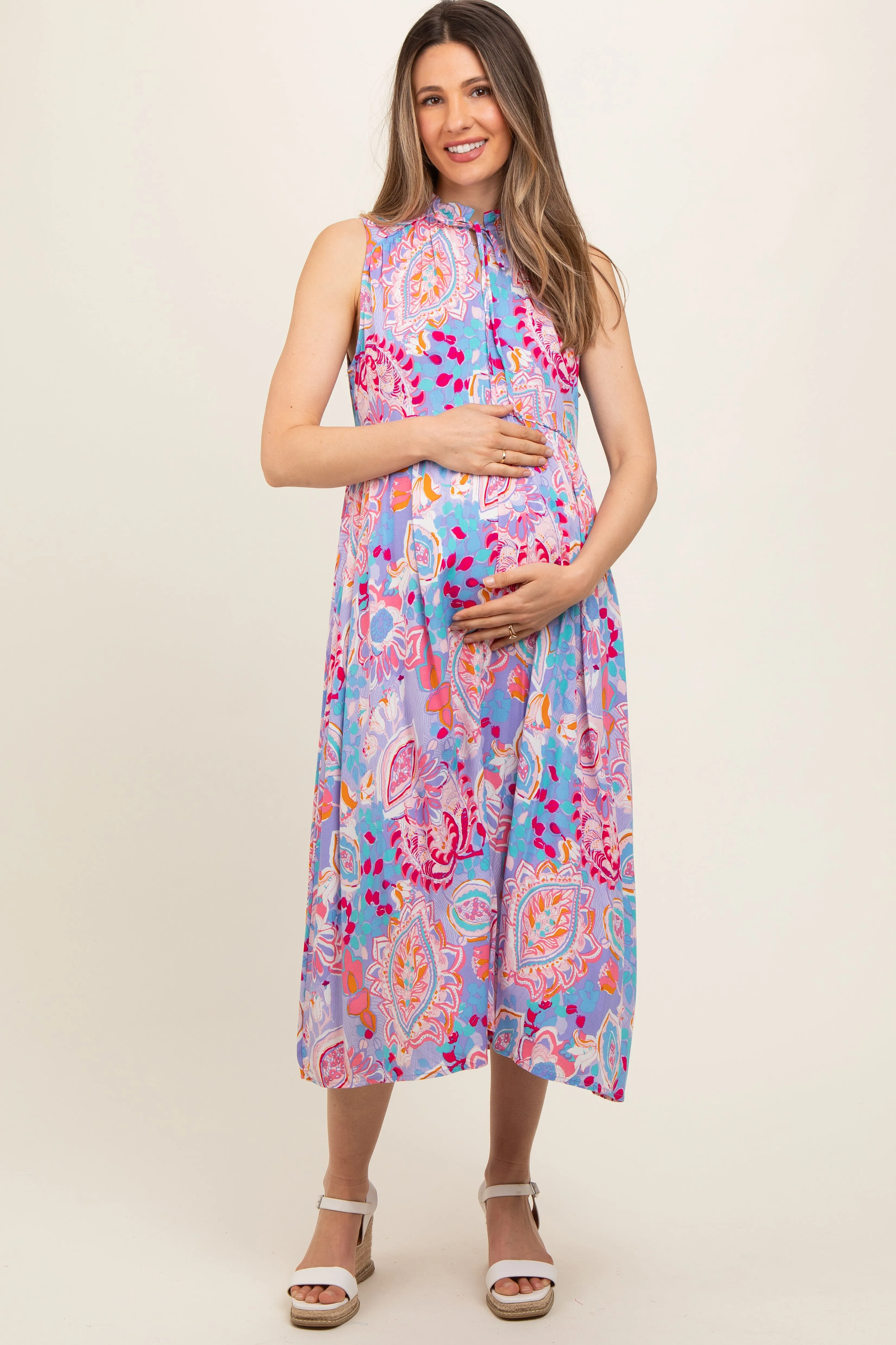 Lavender Floral Paisley Mock Neck Maternity Midi Dress sold by Pinkblush product image thumbnail 2