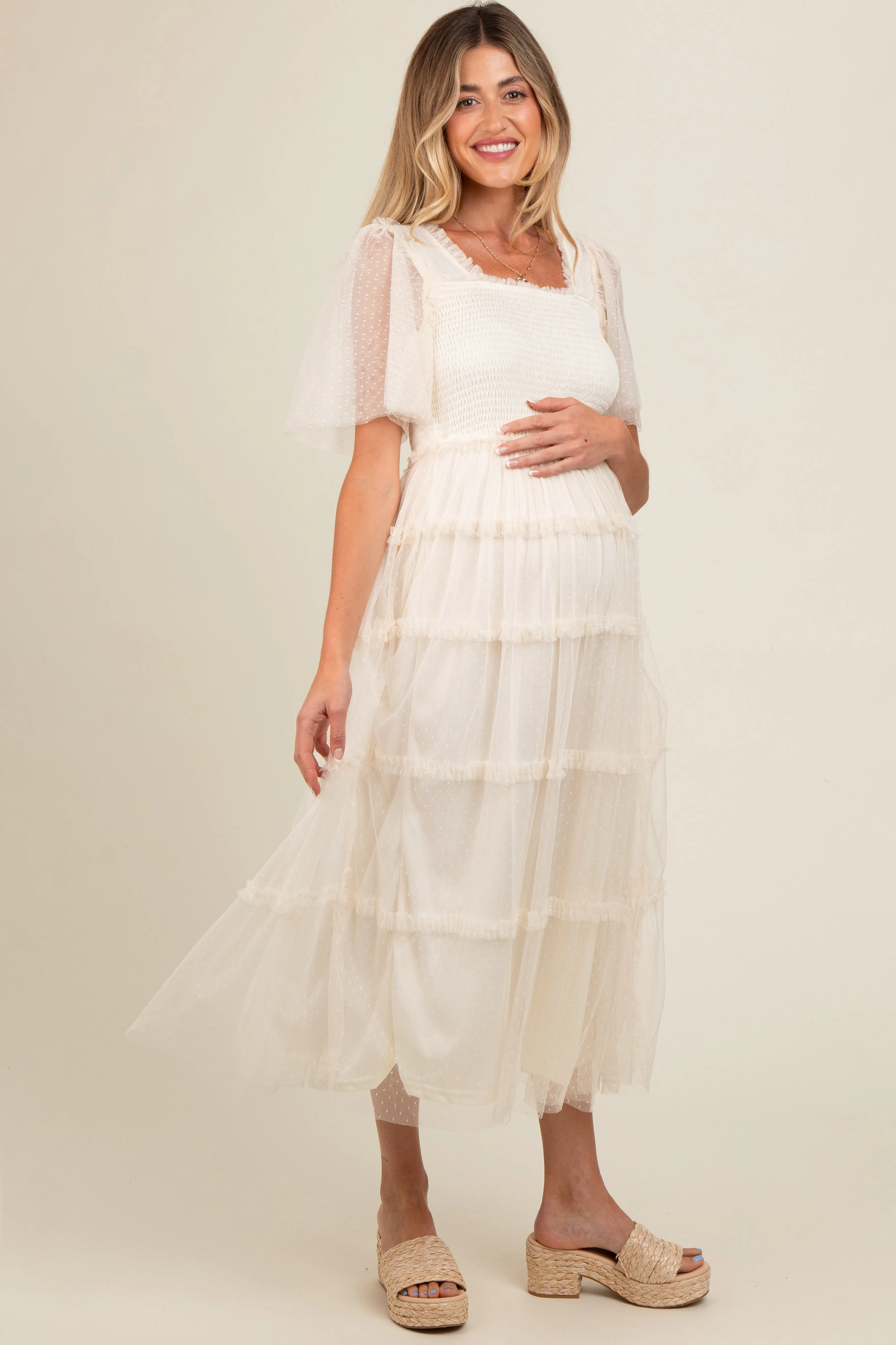 Beige Ruffled Mesh Maternity Maxi Dress sold by Pinkblush product image thumbnail 3
