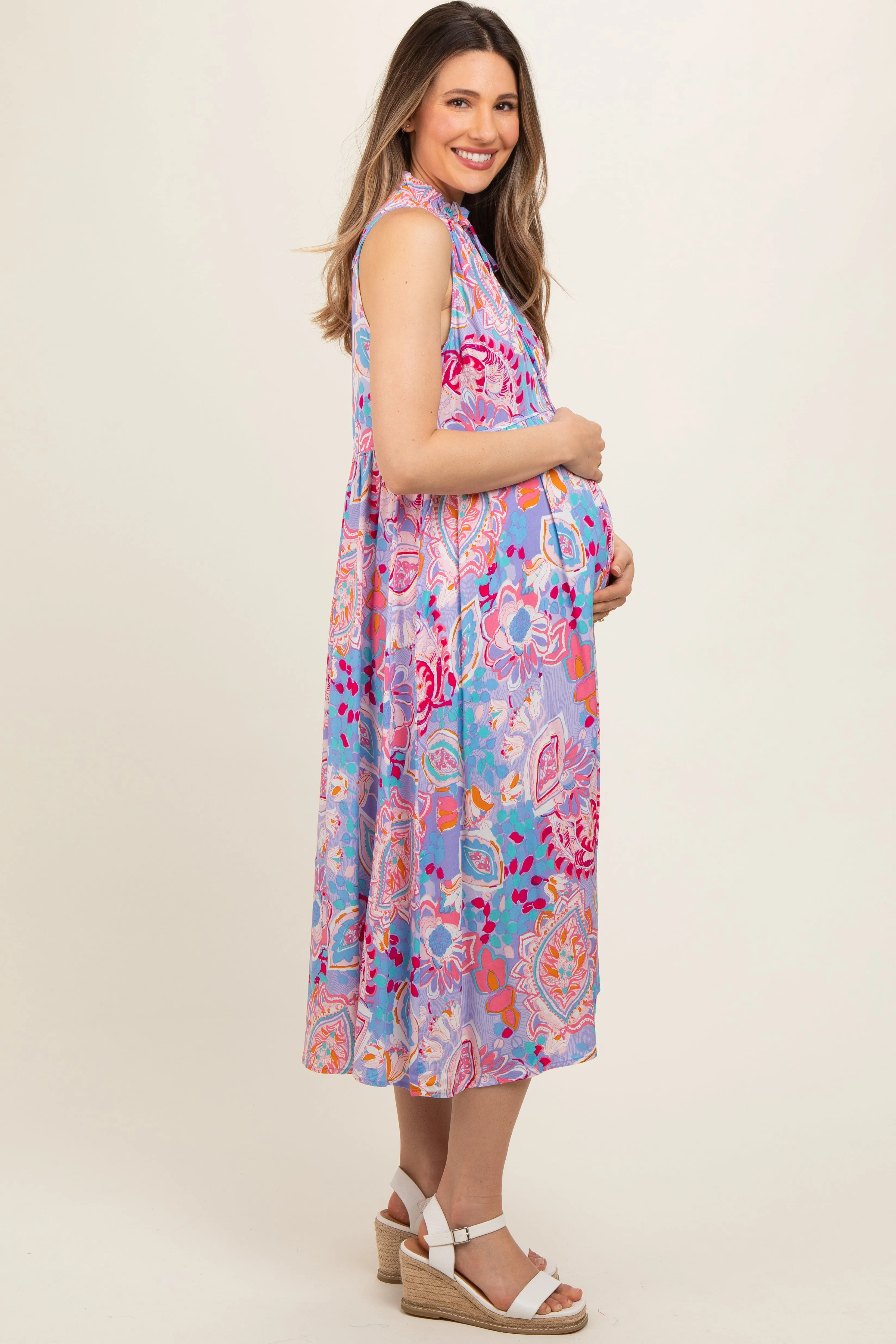 Lavender Floral Paisley Mock Neck Maternity Midi Dress sold by Pinkblush product image thumbnail 3
