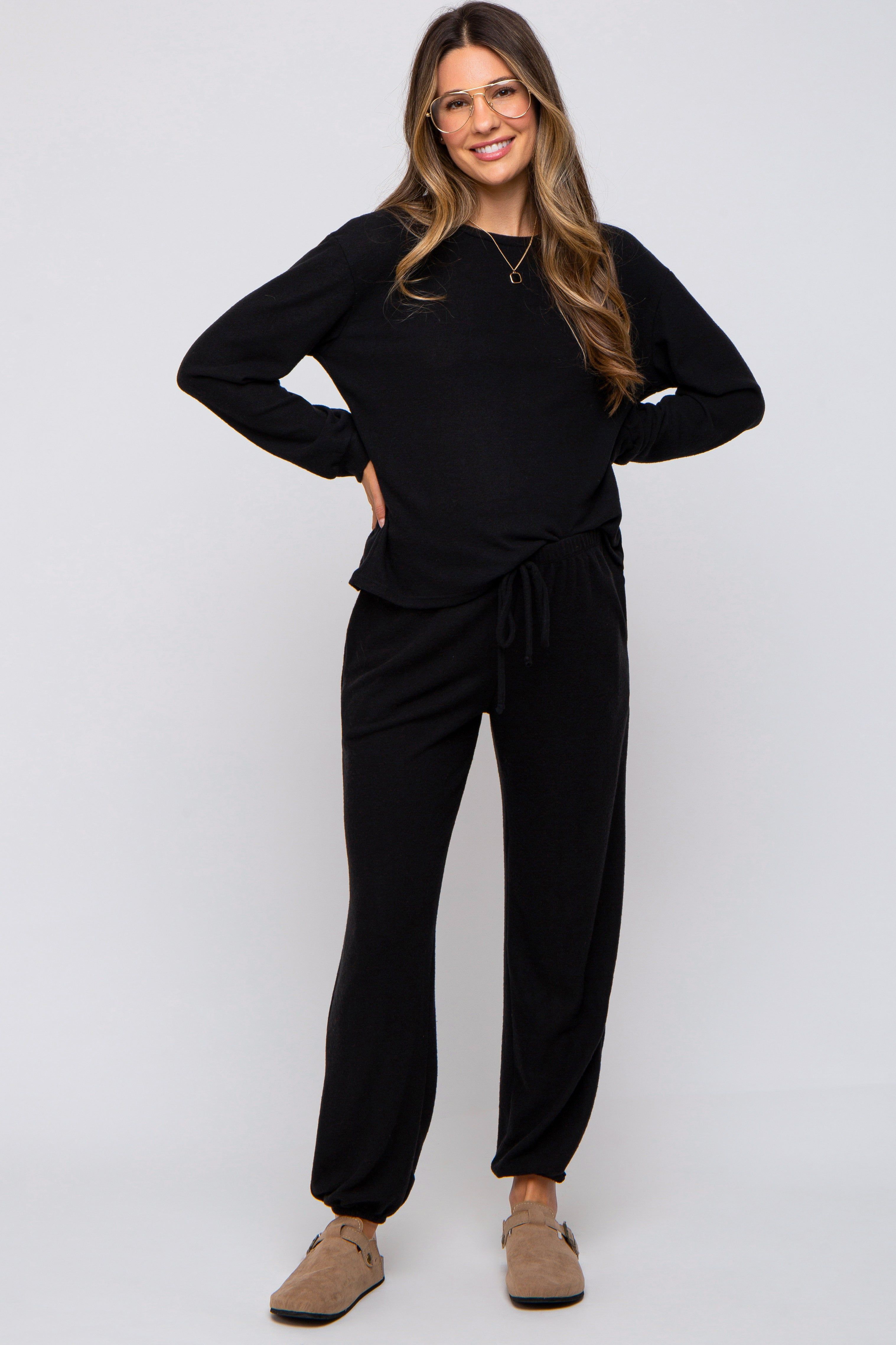 Black Soft Knit Brushed Long Sleeve Maternity Lounge Set sold by Pinkblush