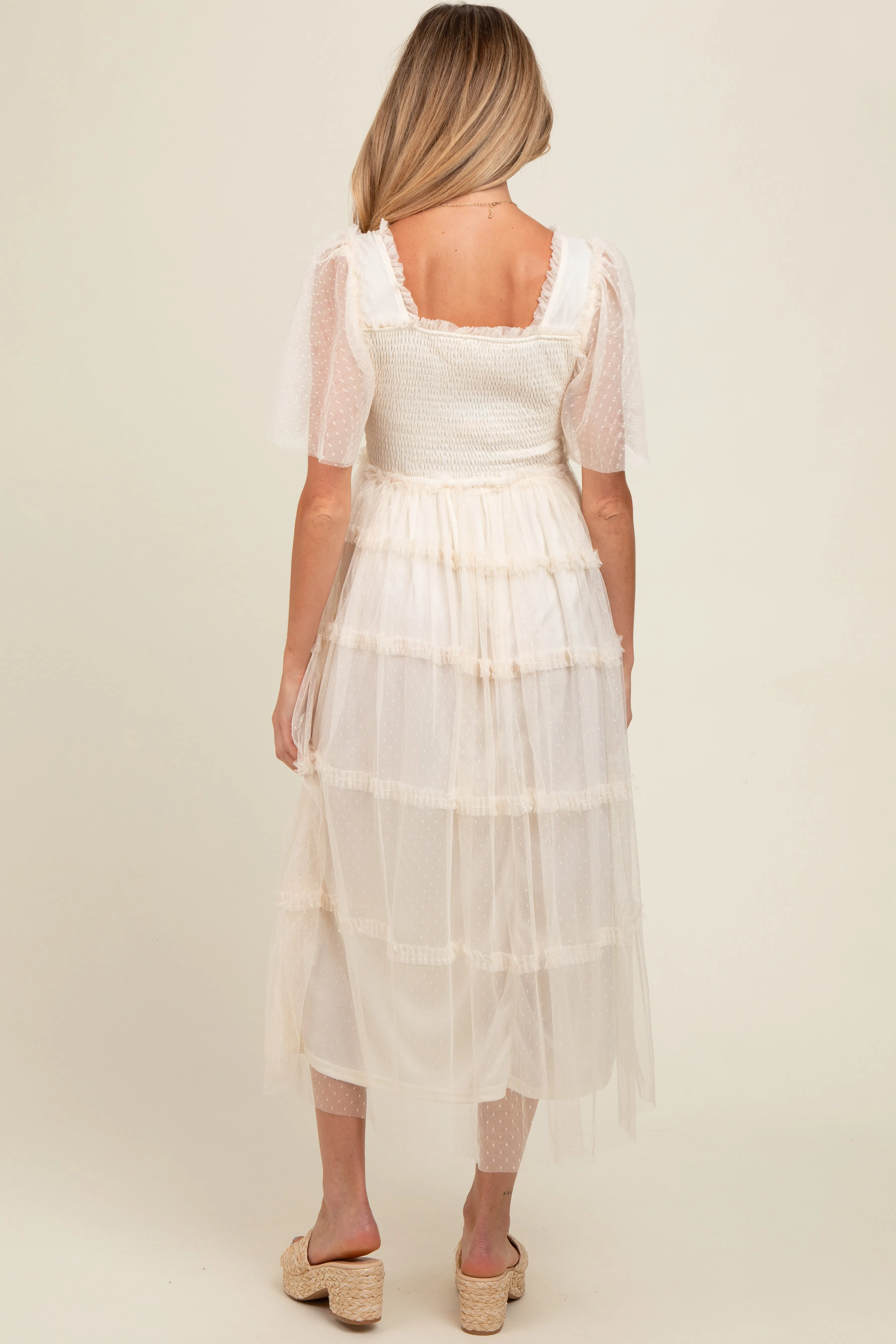 Beige Ruffled Mesh Maternity Maxi Dress sold by Pinkblush product image thumbnail 4