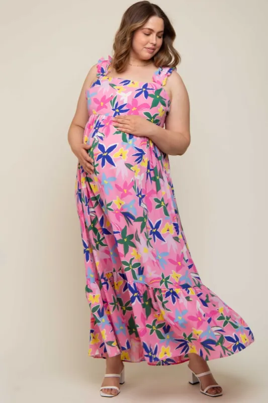 Pink Floral Ruffle Strap Maternity Plus Size Maxi Dress sold by Pinkblush