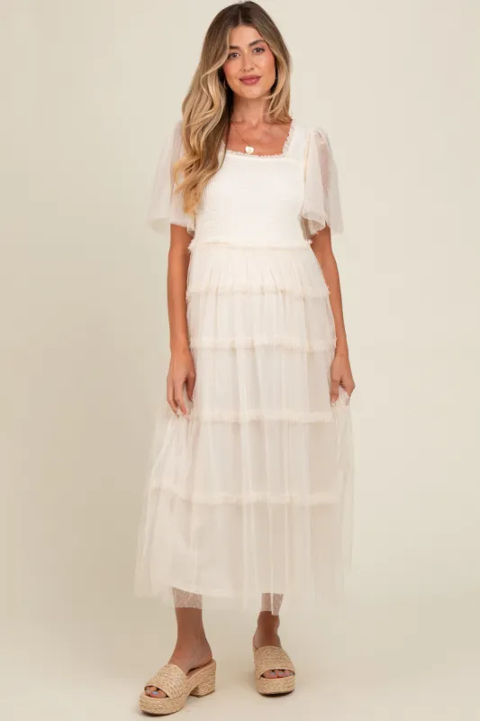 Beige Ruffled Mesh Maternity Maxi Dress sold by Pinkblush