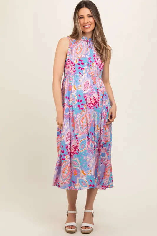 Lavender Floral Paisley Mock Neck Maternity Midi Dress sold by Pinkblush