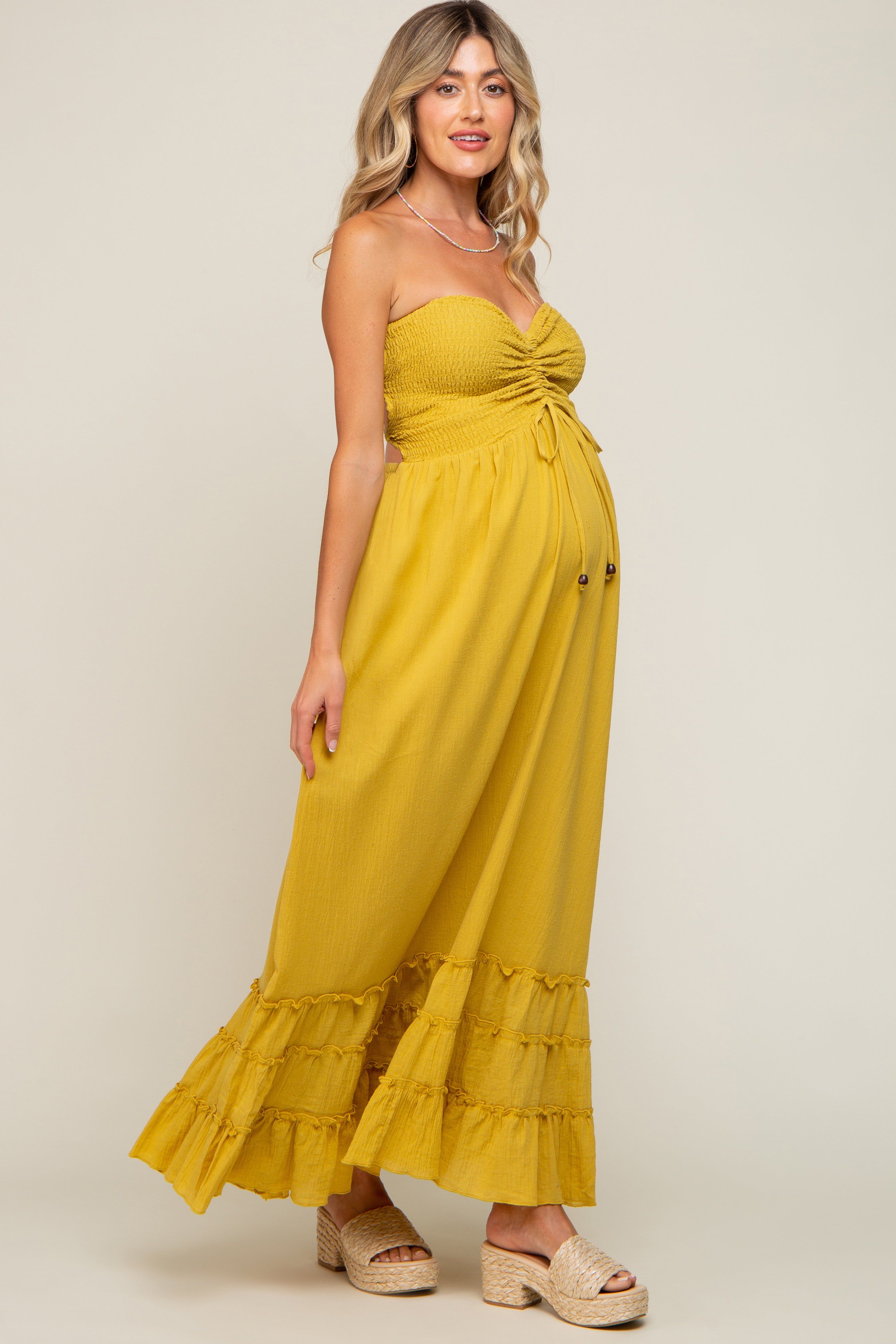 Yellow Smocked Cutout Back Maternity Maxi Dress sold by Pinkblush product image thumbnail 2