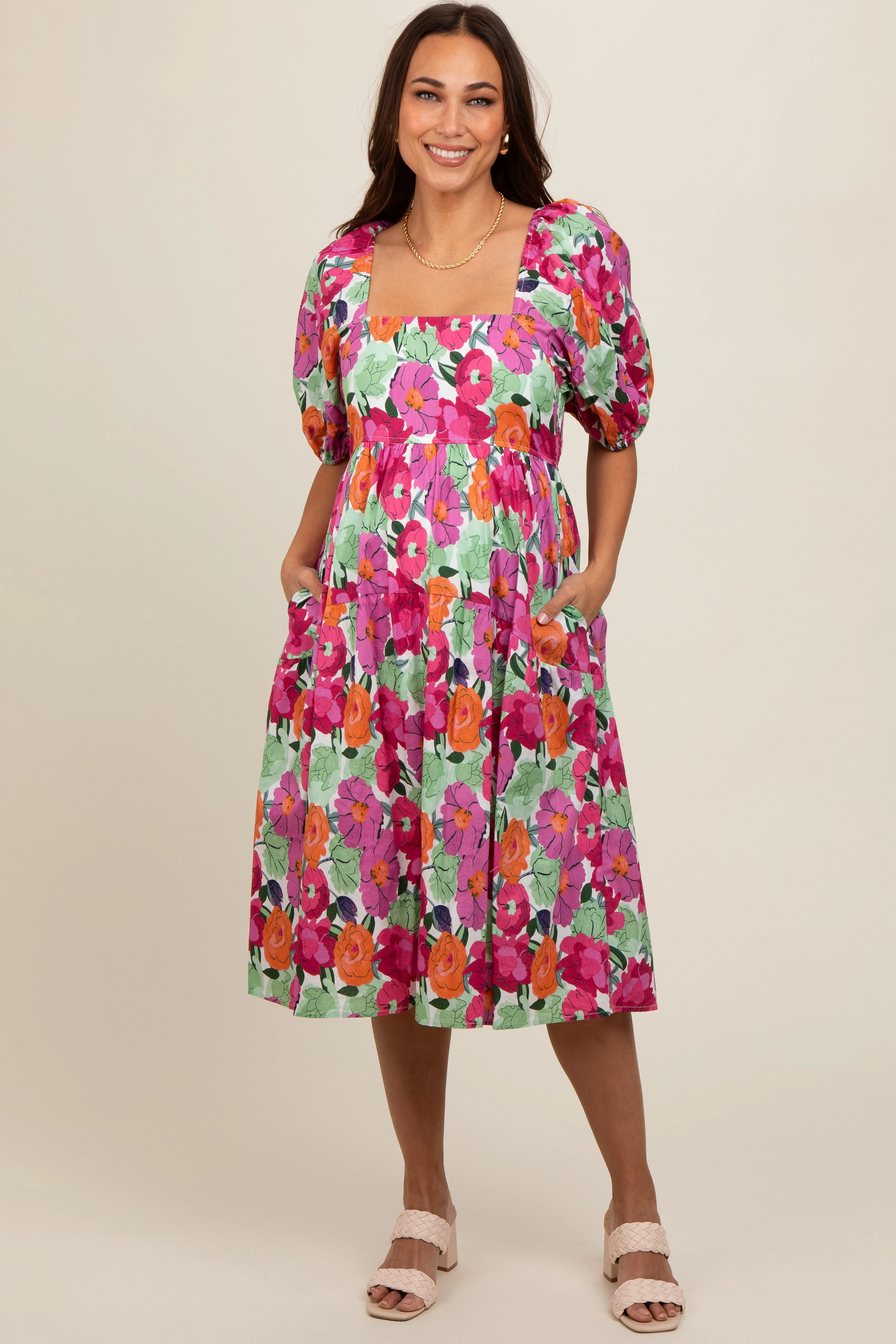 Magenta Floral Print Puff Sleeve Maternity Dress sold by Pinkblush