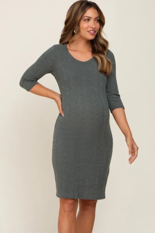 Olive Rib Knit 3/4 Sleeve Maternity Dress sold by Pinkblush