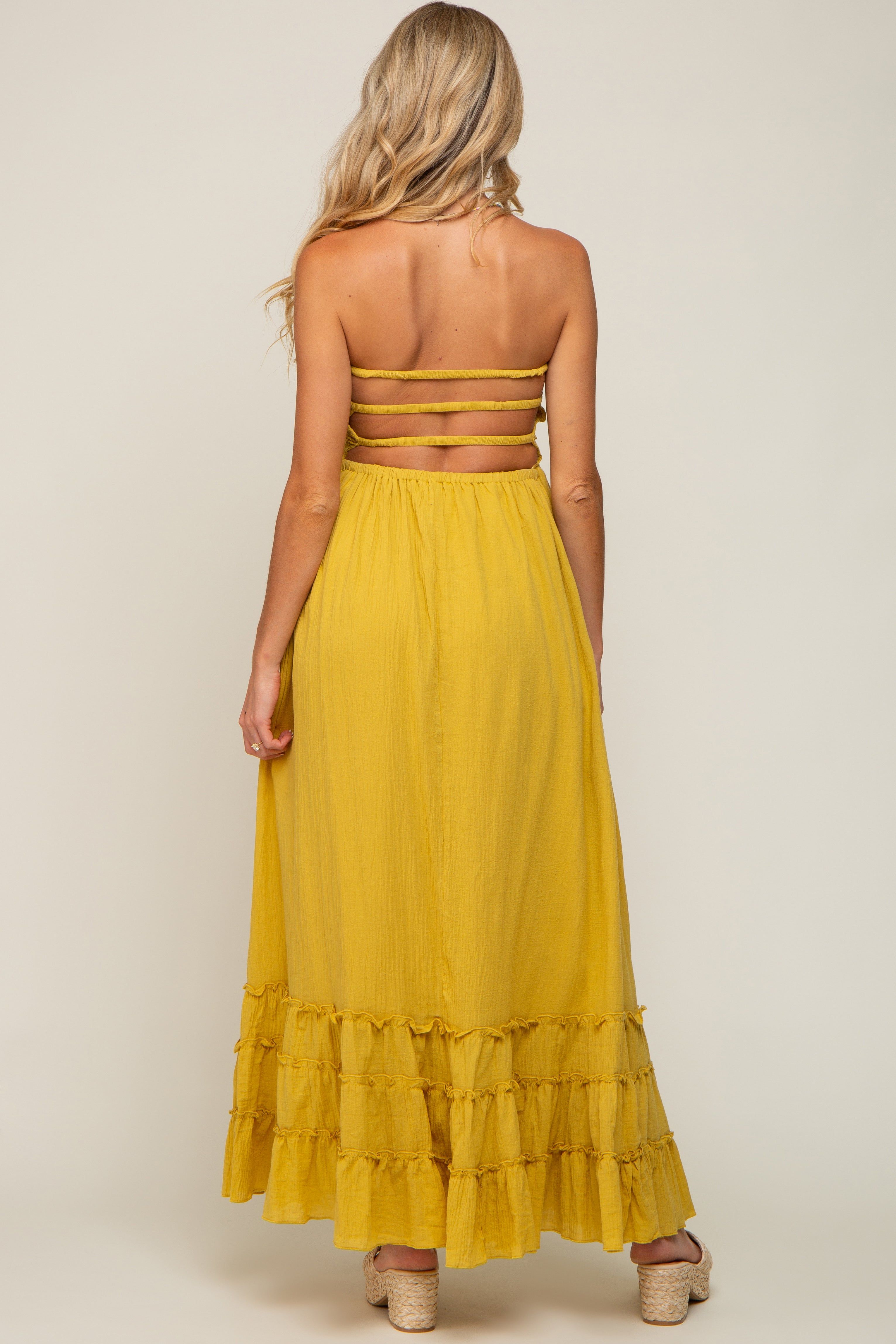 Yellow Smocked Cutout Back Maternity Maxi Dress sold by Pinkblush product image thumbnail 3