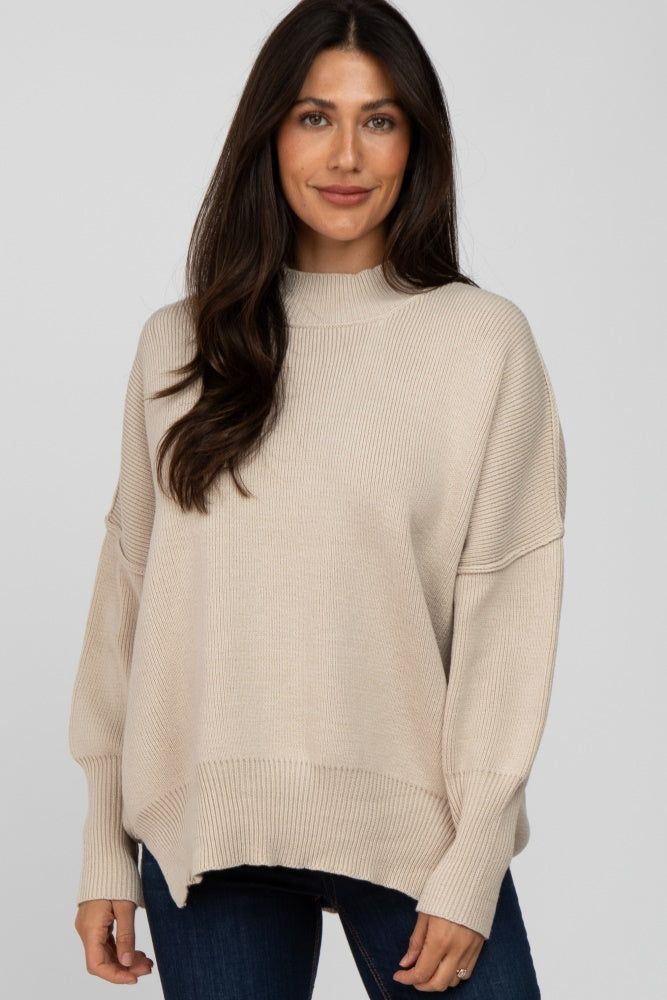 Beige Mock Neck Exposed Seam Sweater sold by Pinkblush