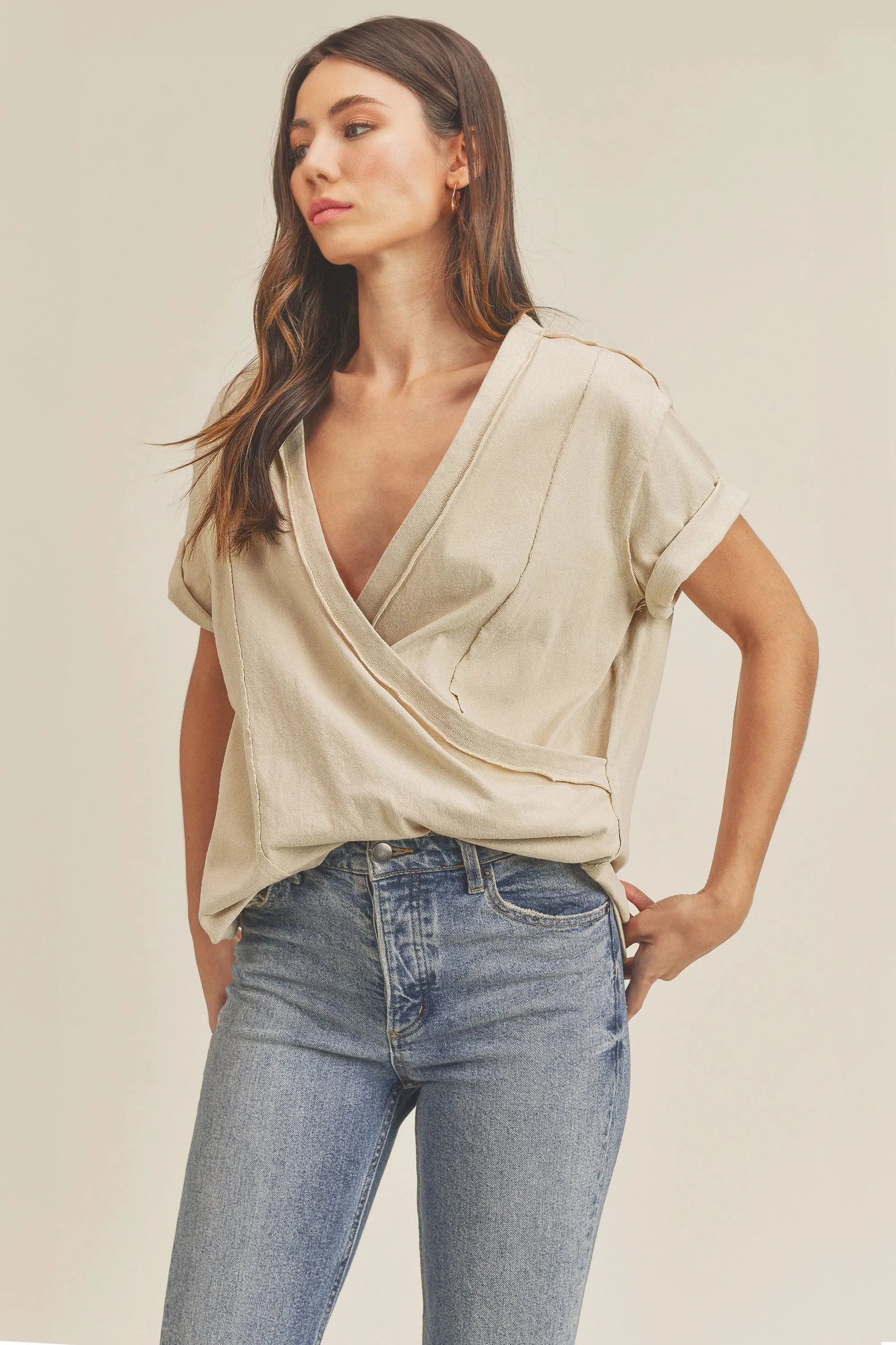 Beige Wrap Short Sleeve Raw Hem Top sold by Pinkblush