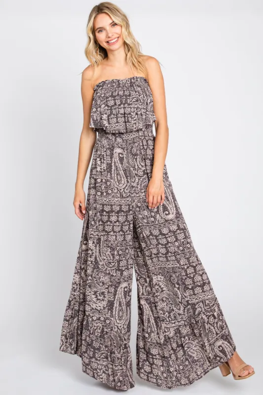 Blue Paisley Strapless Ruffle Wide Leg Jumpsuit sold by Pinkblush