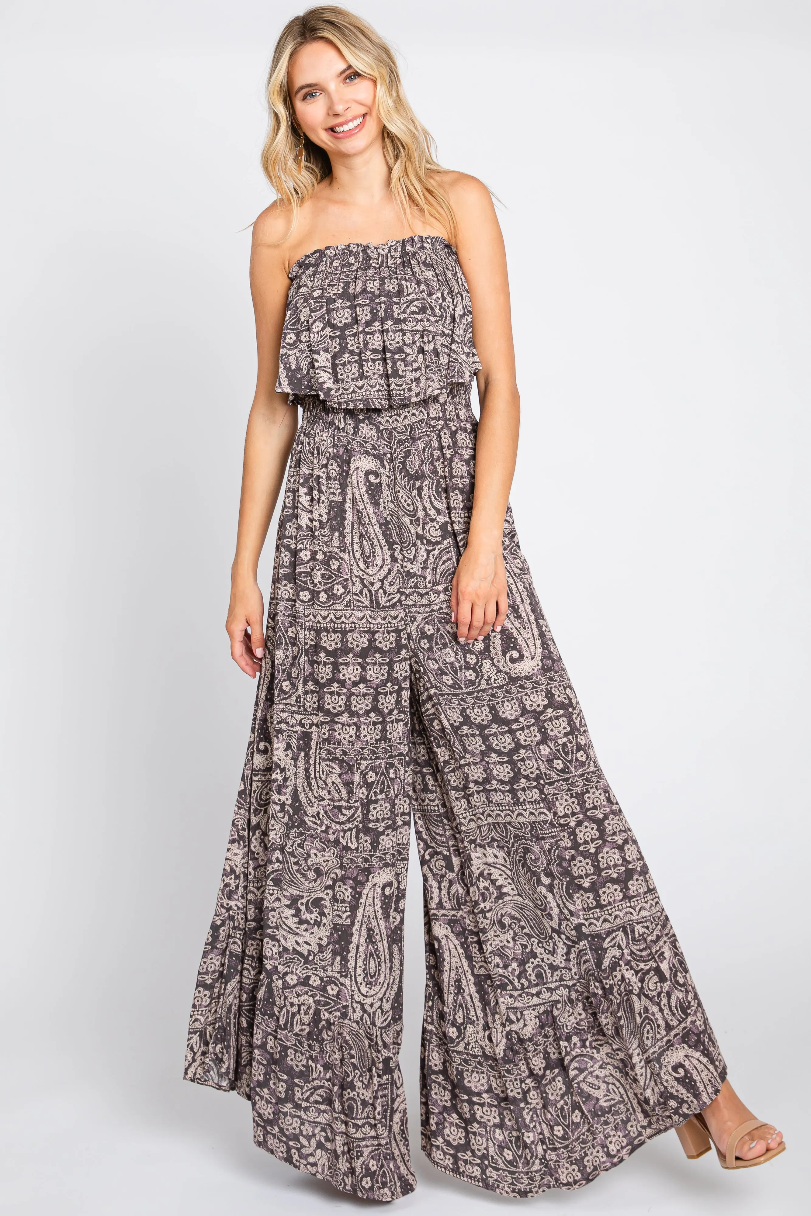 Blue Paisley Strapless Ruffle Wide Leg Jumpsuit sold by Pinkblush