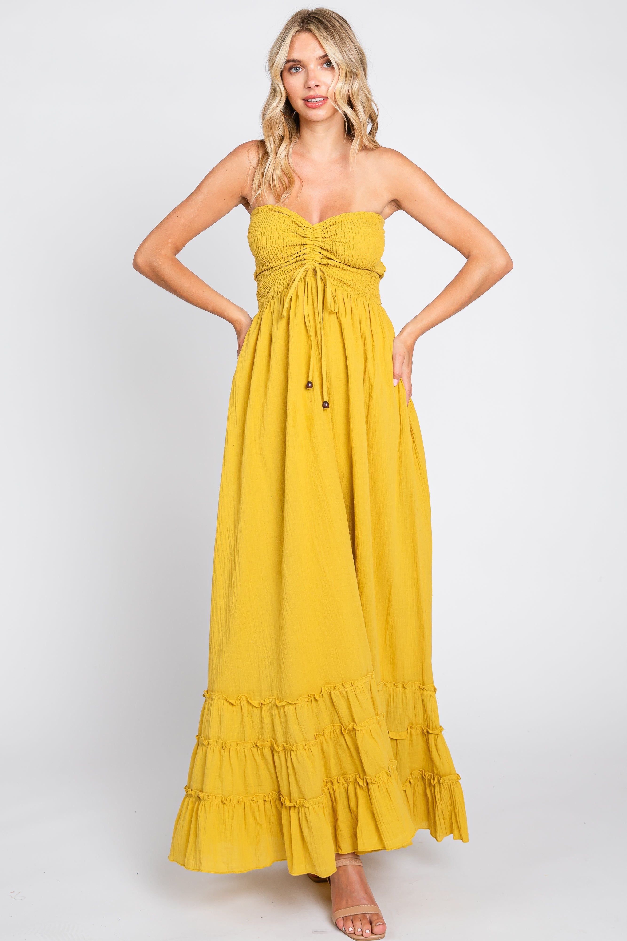 Yellow Smocked Cutout Back Maternity Maxi Dress sold by Pinkblush product image thumbnail 4