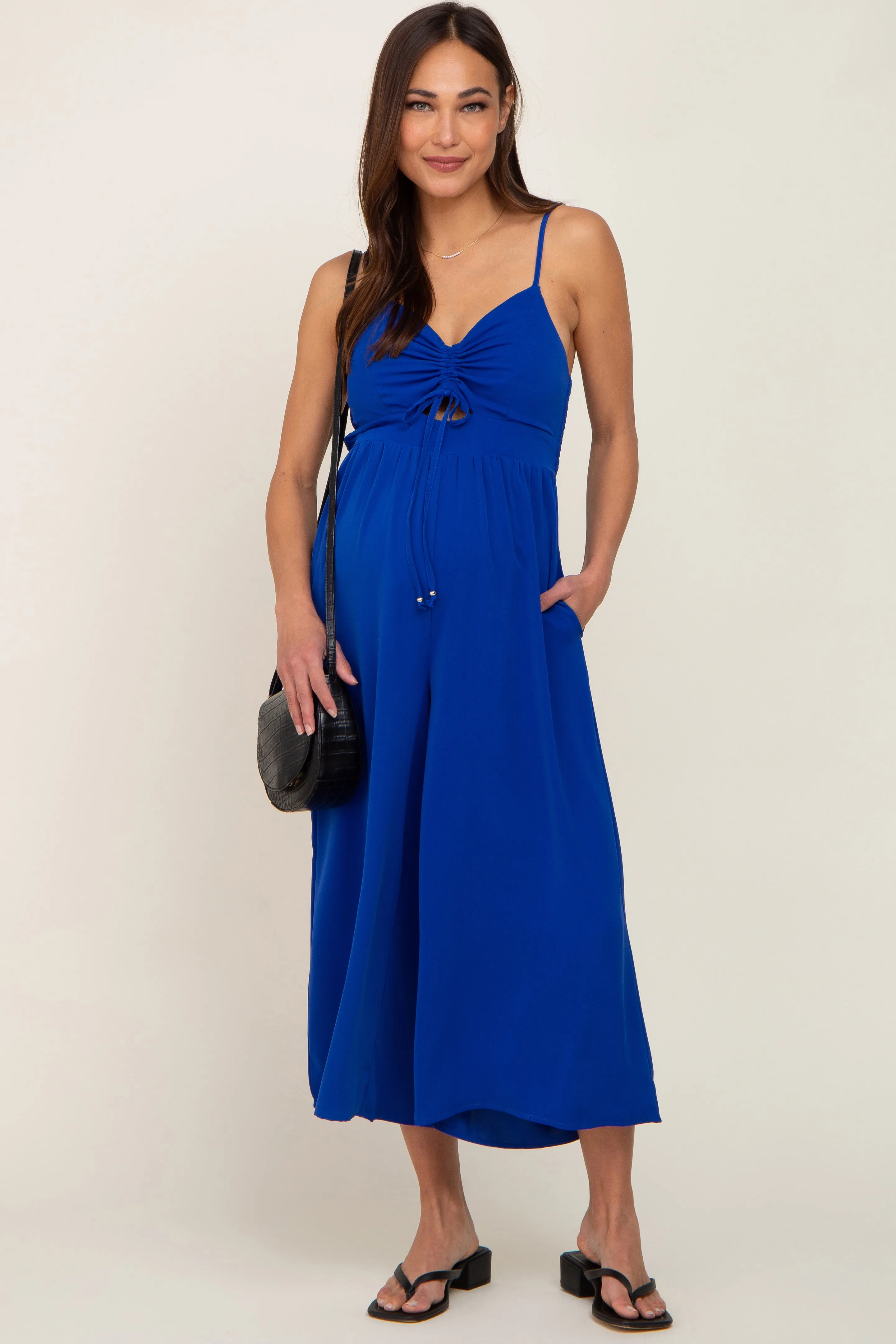 Royal Blue Sleeveless Ruched Drawstring Maternity Jumpsuit sold by Pinkblush