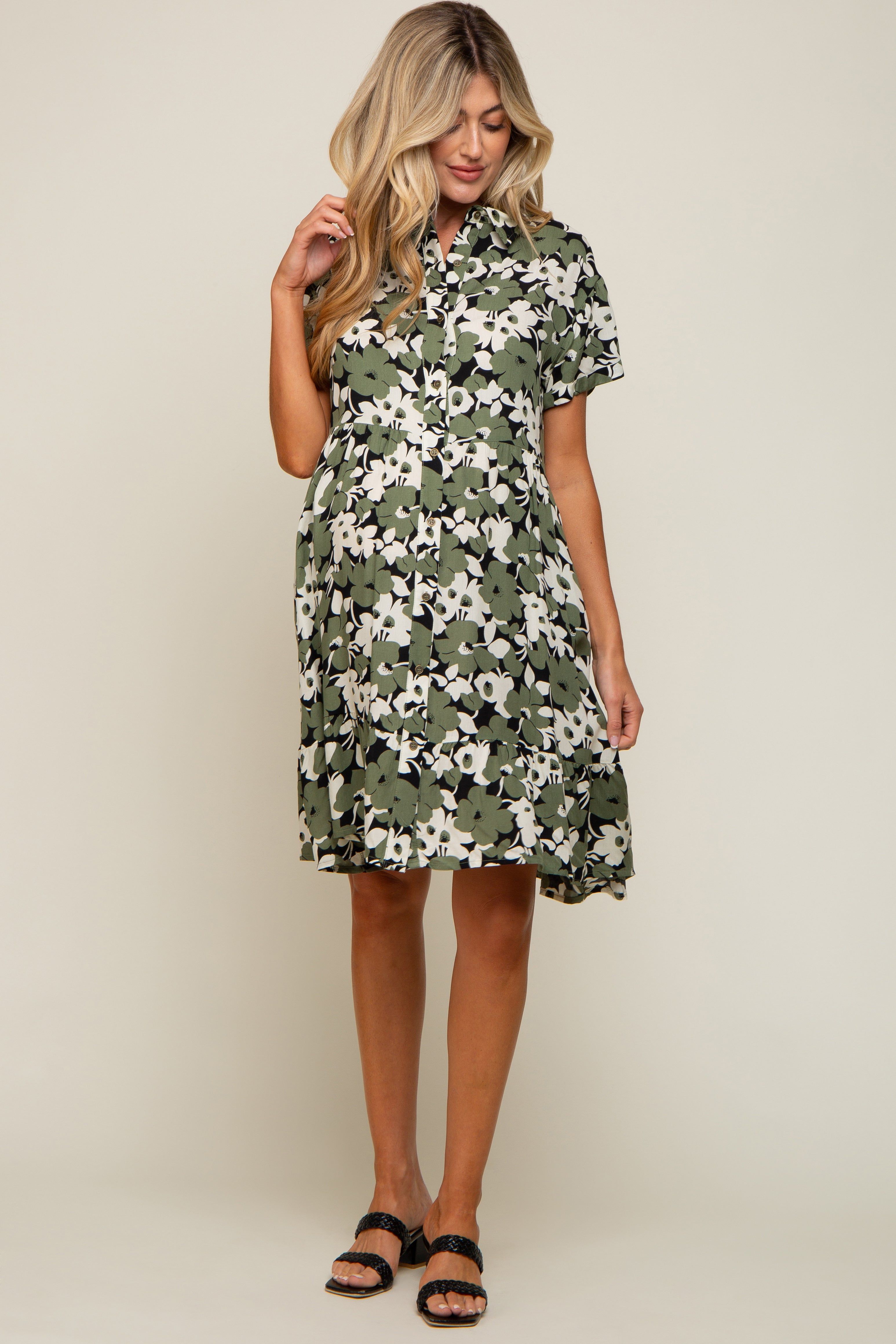 Green Floral Button Front Collared Ruffle Hem Maternity Dress sold by Pinkblush product image thumbnail 5