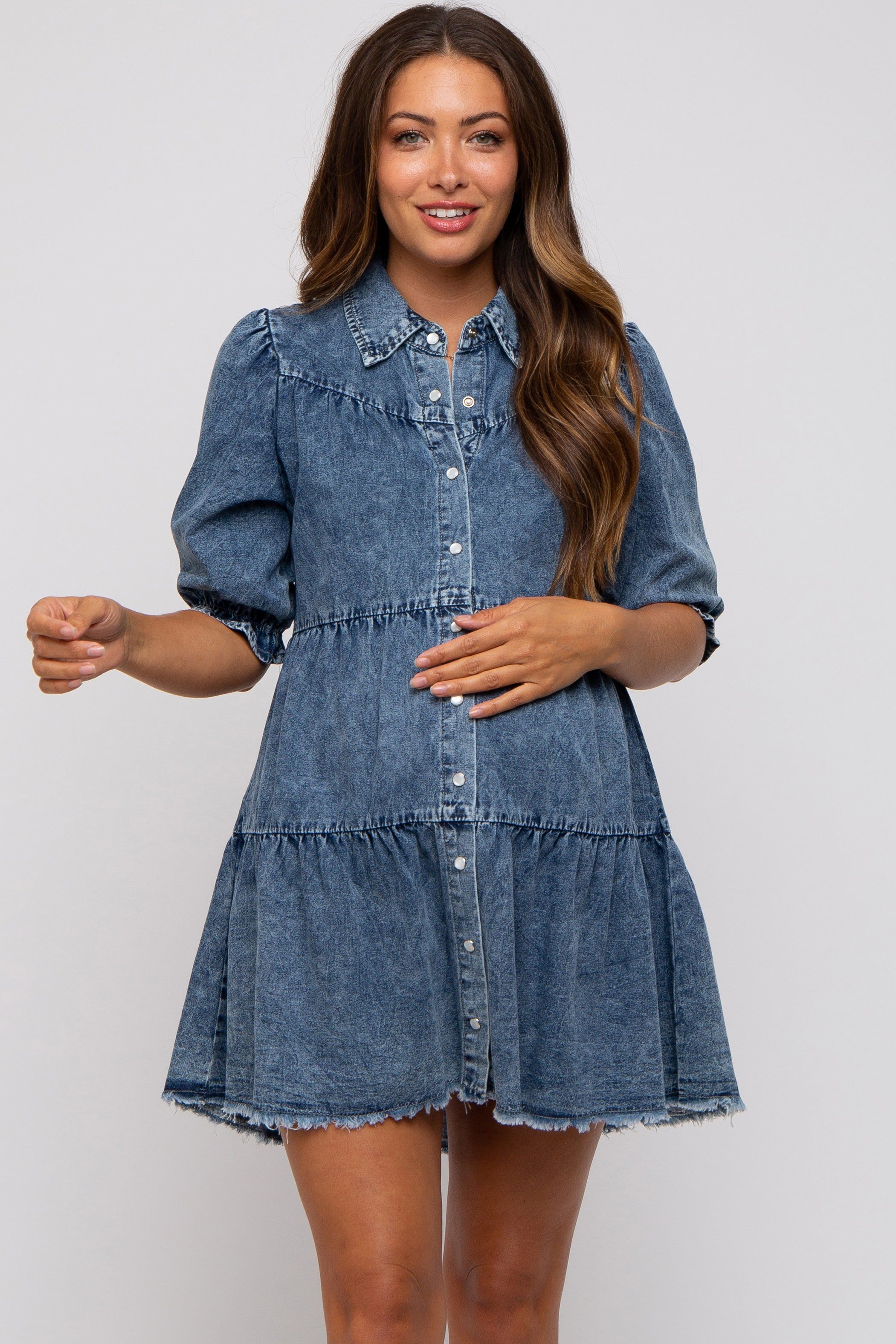 Blue Chambray Maternity Tiered Shirt Dress sold by Pinkblush