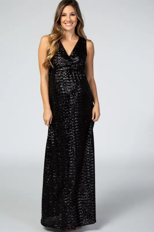 Black Sequin V Neck Sleeveless Maternity Evening Gown sold by Pinkblush