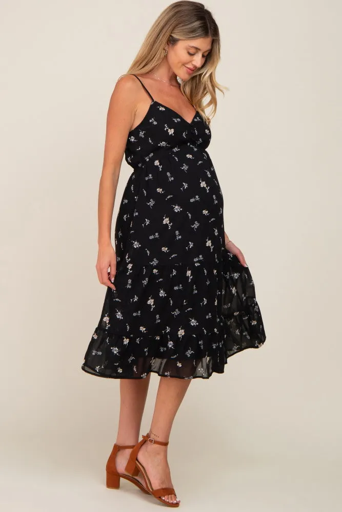 Black Floral Button Tiered Maternity Midi Dress sold by Pinkblush product image thumbnail 3