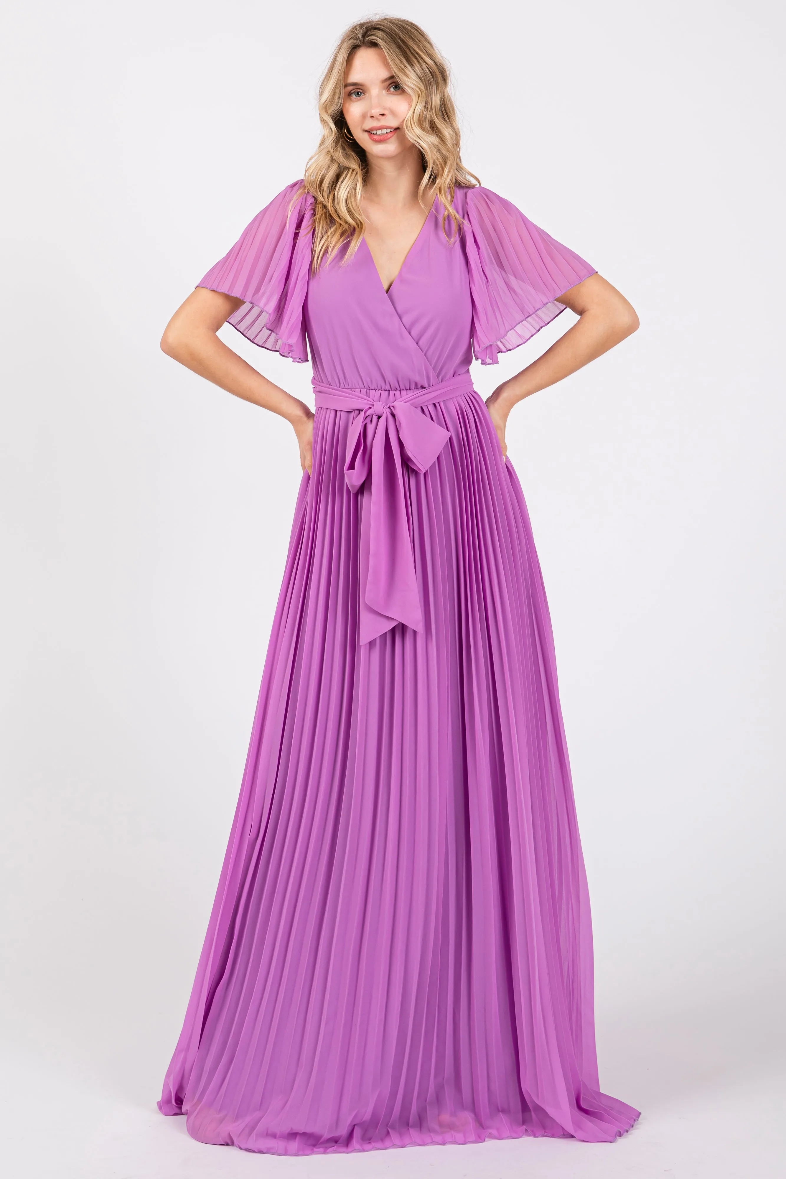 Lavender Chiffon Wrap Front V-Neck Short Sleeve Pleated Maxi Dress sold by Pinkblush product image thumbnail 3