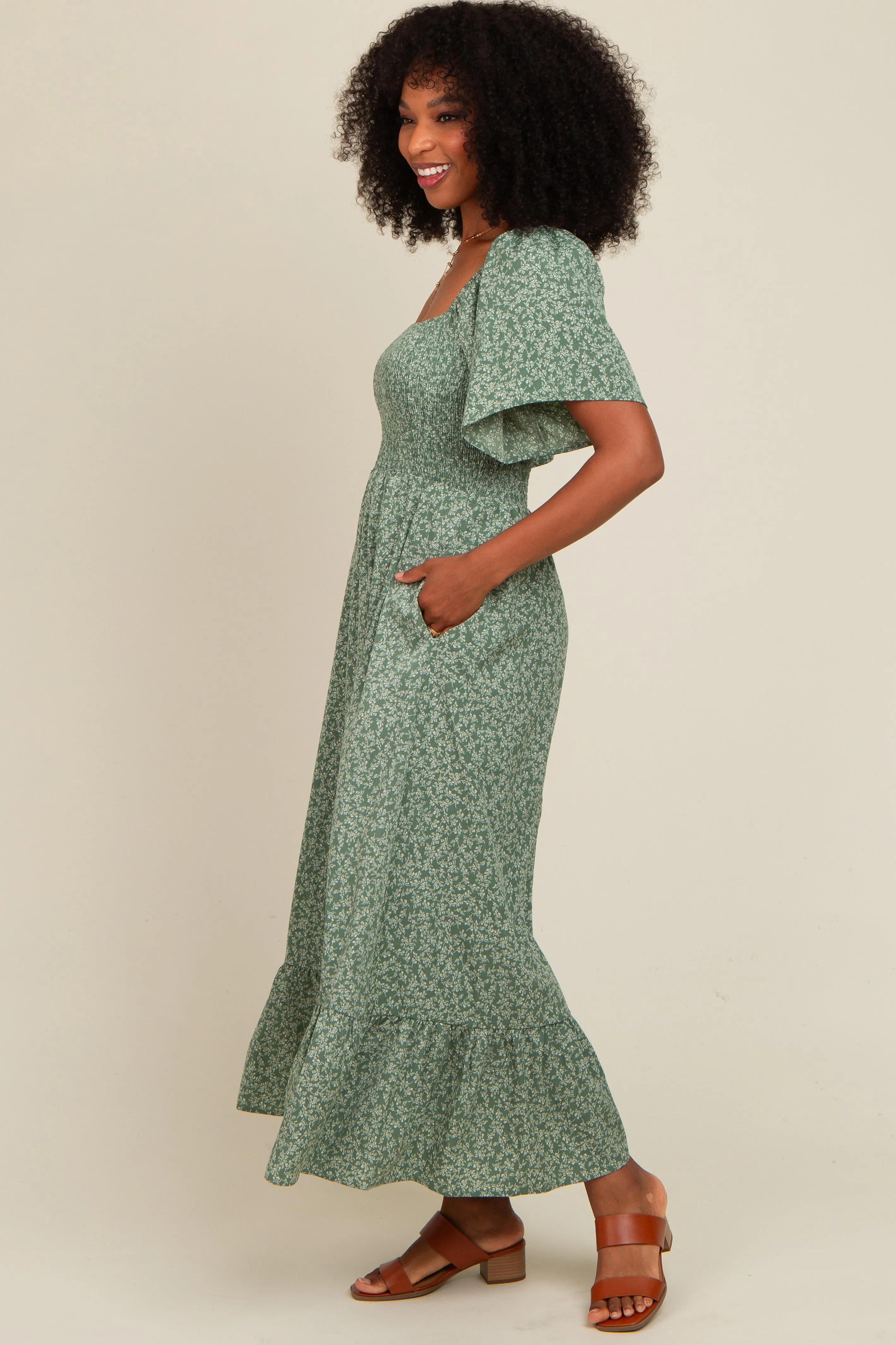 Sage Flowy Ditsy Floral Smocked Midi Dress sold by Pinkblush product image thumbnail 3