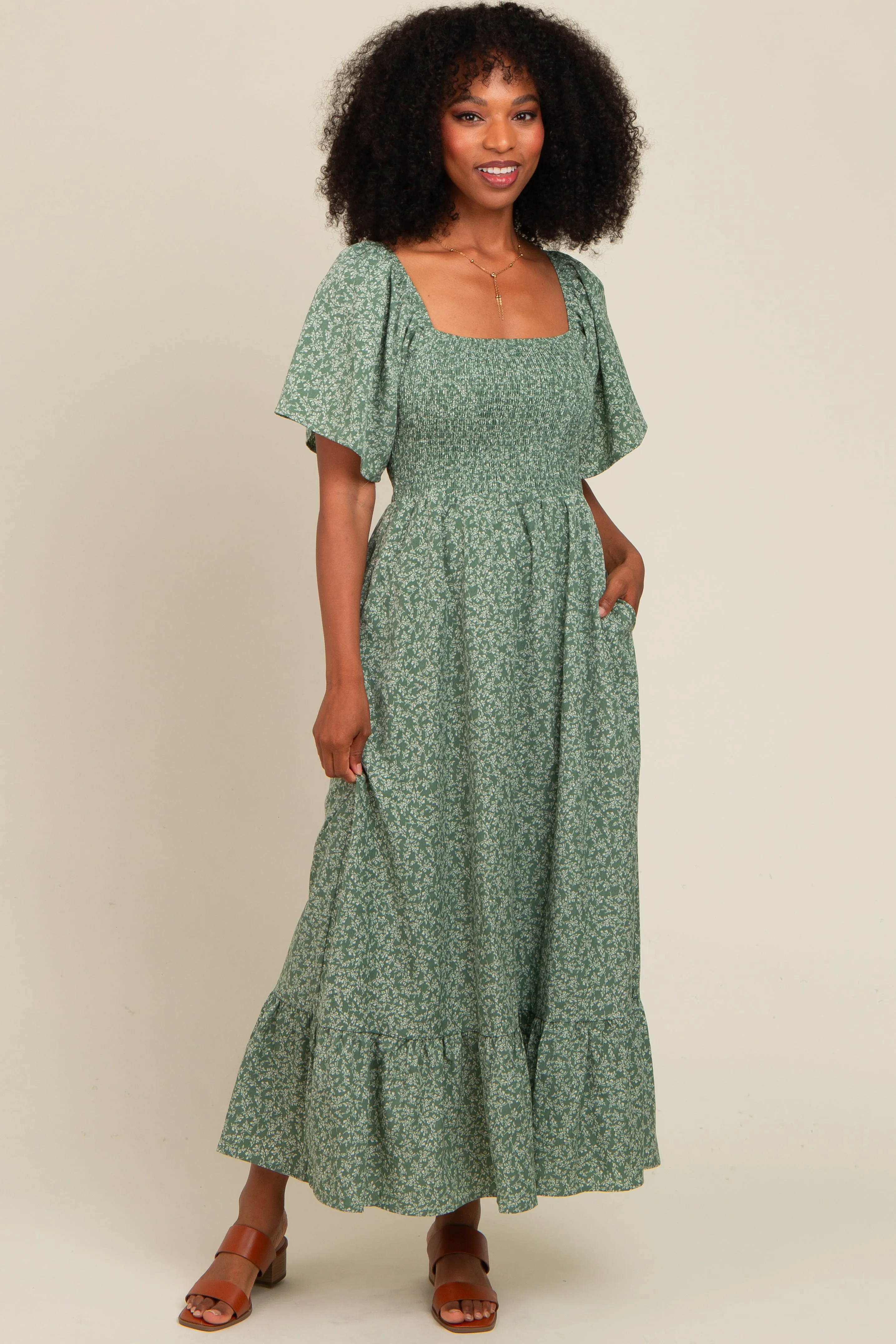 Sage Flowy Ditsy Floral Smocked Midi Dress sold by Pinkblush