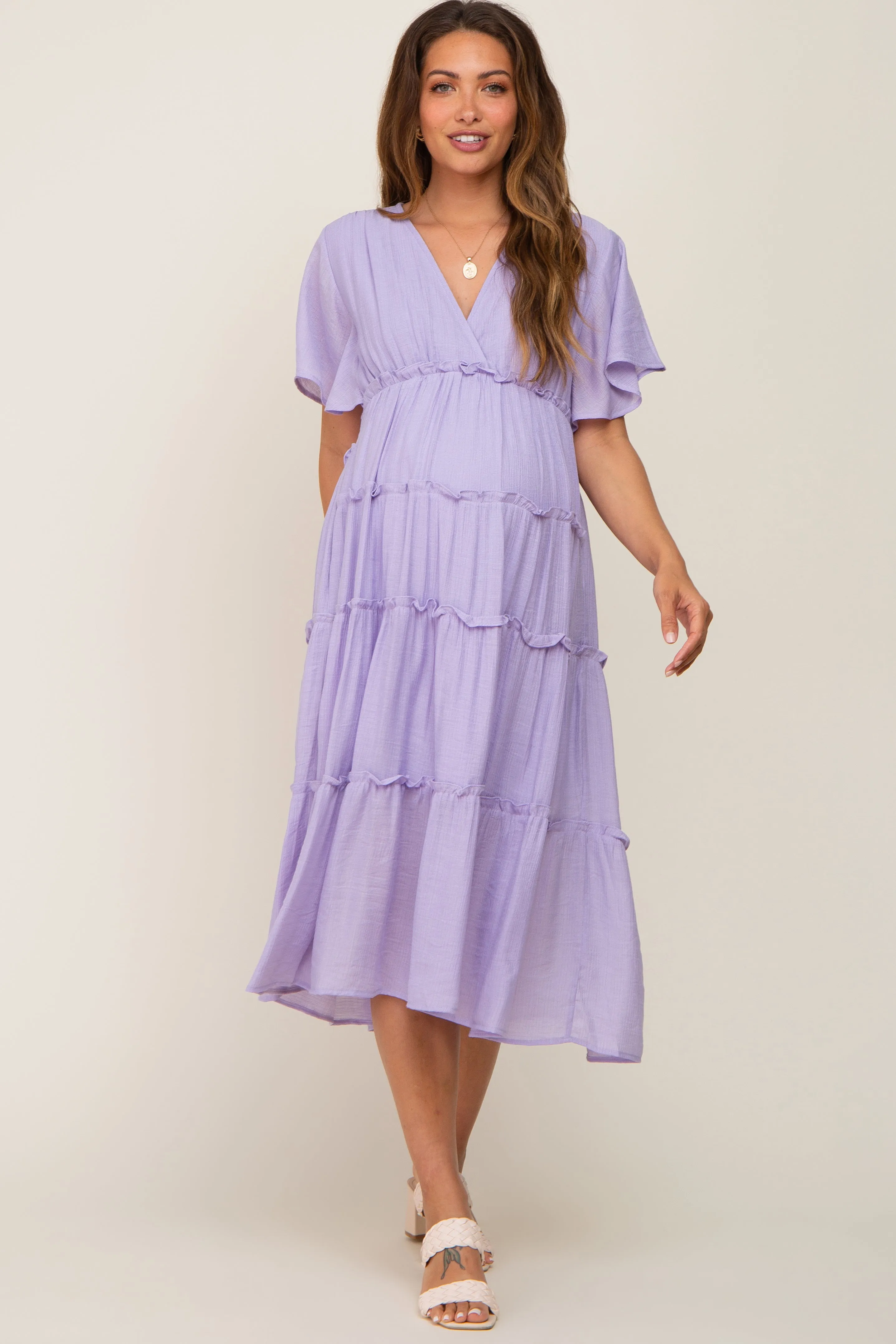 Lavender Ruffle Tiered V-Neck Maternity Midi Dress sold by Pinkblush product image thumbnail 4