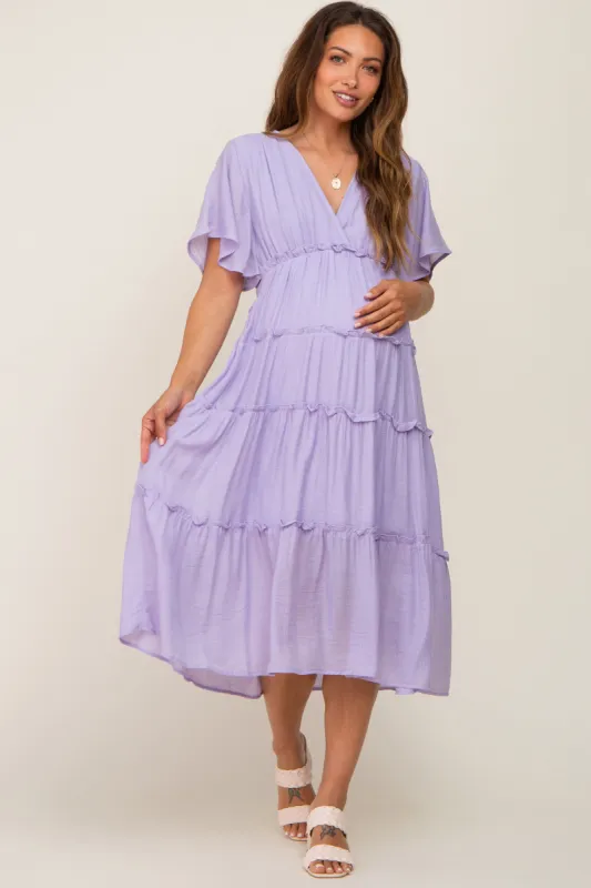 Lavender Ruffle Tiered V-Neck Maternity Midi Dress sold by Pinkblush