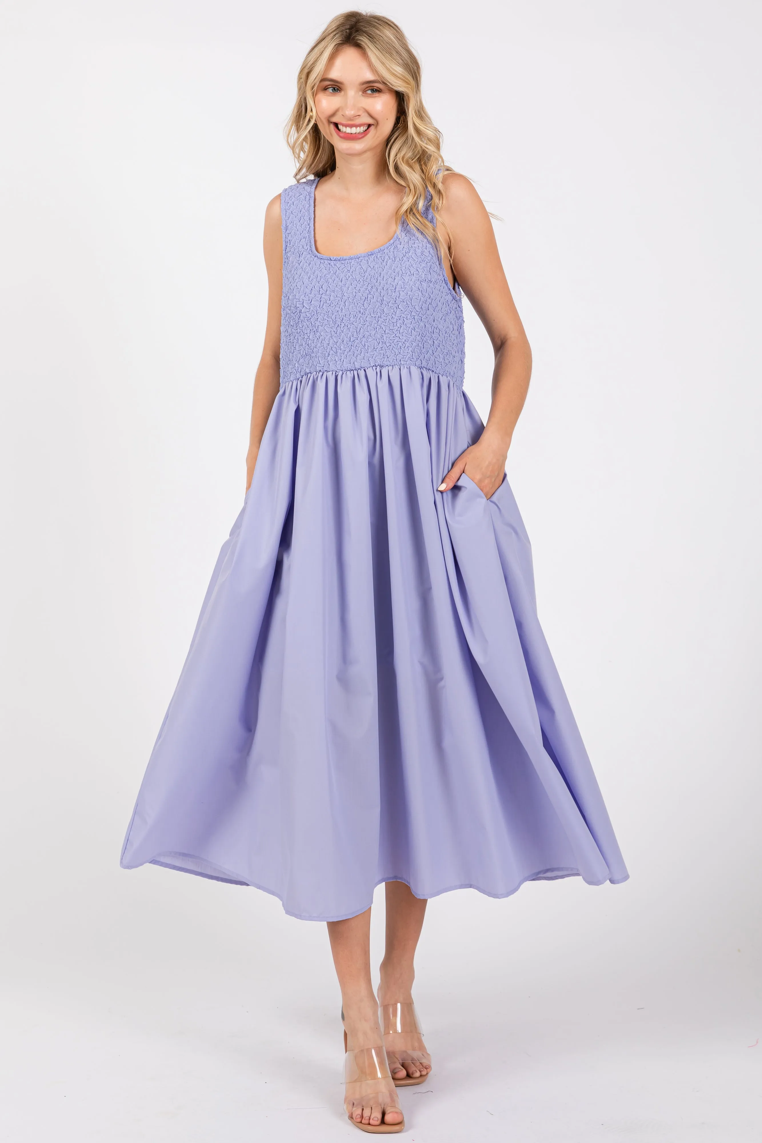 Periwinkle Textured Scoop Neck Sleeveless Midi Dress sold by Pinkblush
