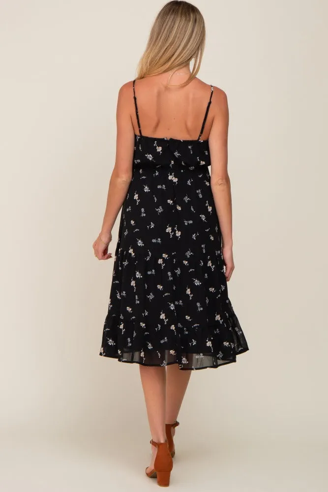 Black Floral Button Tiered Maternity Midi Dress sold by Pinkblush product image thumbnail 4
