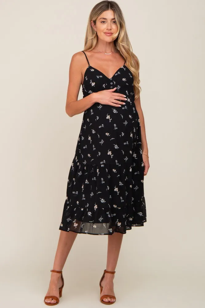 Black Floral Button Tiered Maternity Midi Dress sold by Pinkblush
