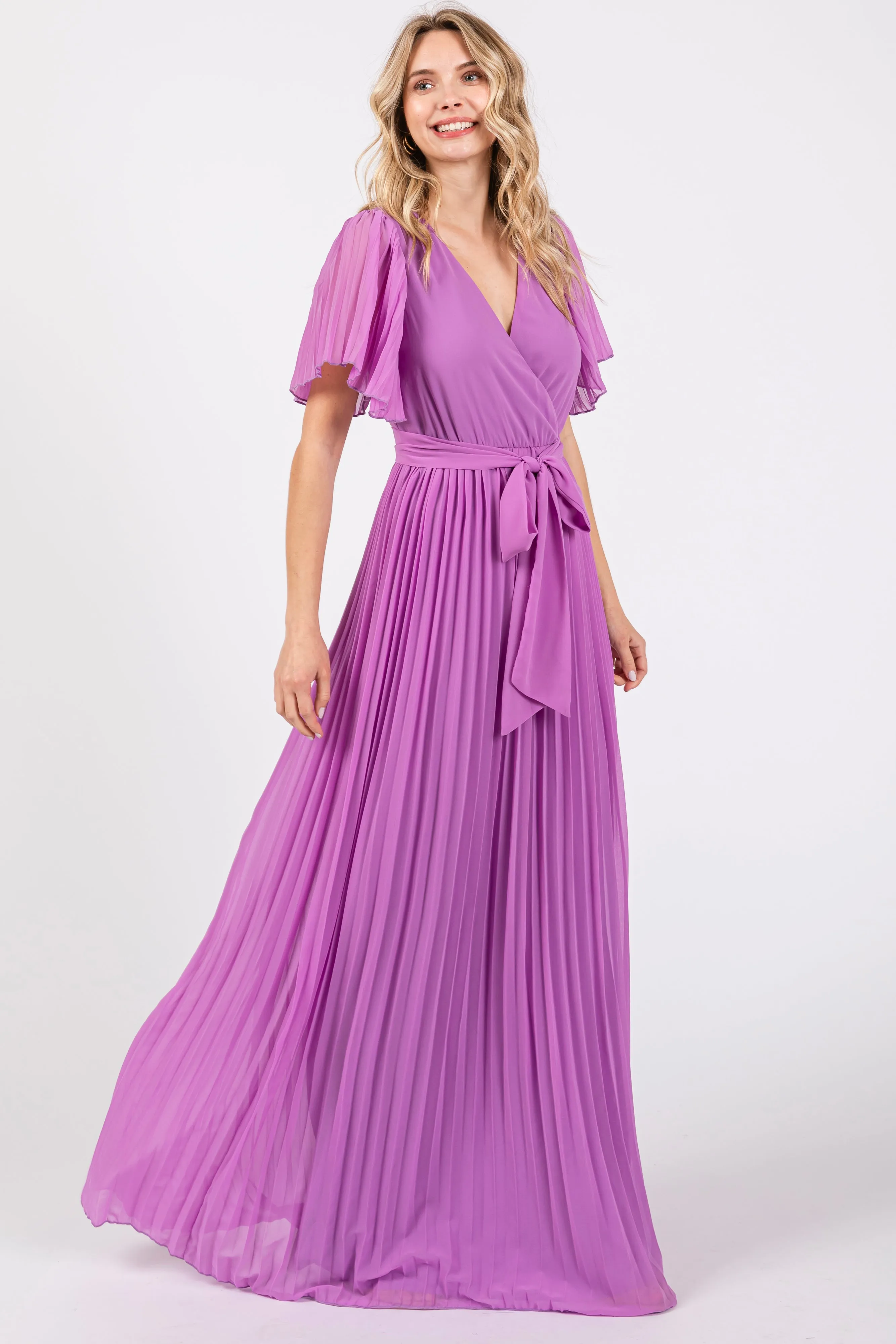 Lavender Chiffon Wrap Front V-Neck Short Sleeve Pleated Maxi Dress sold by Pinkblush