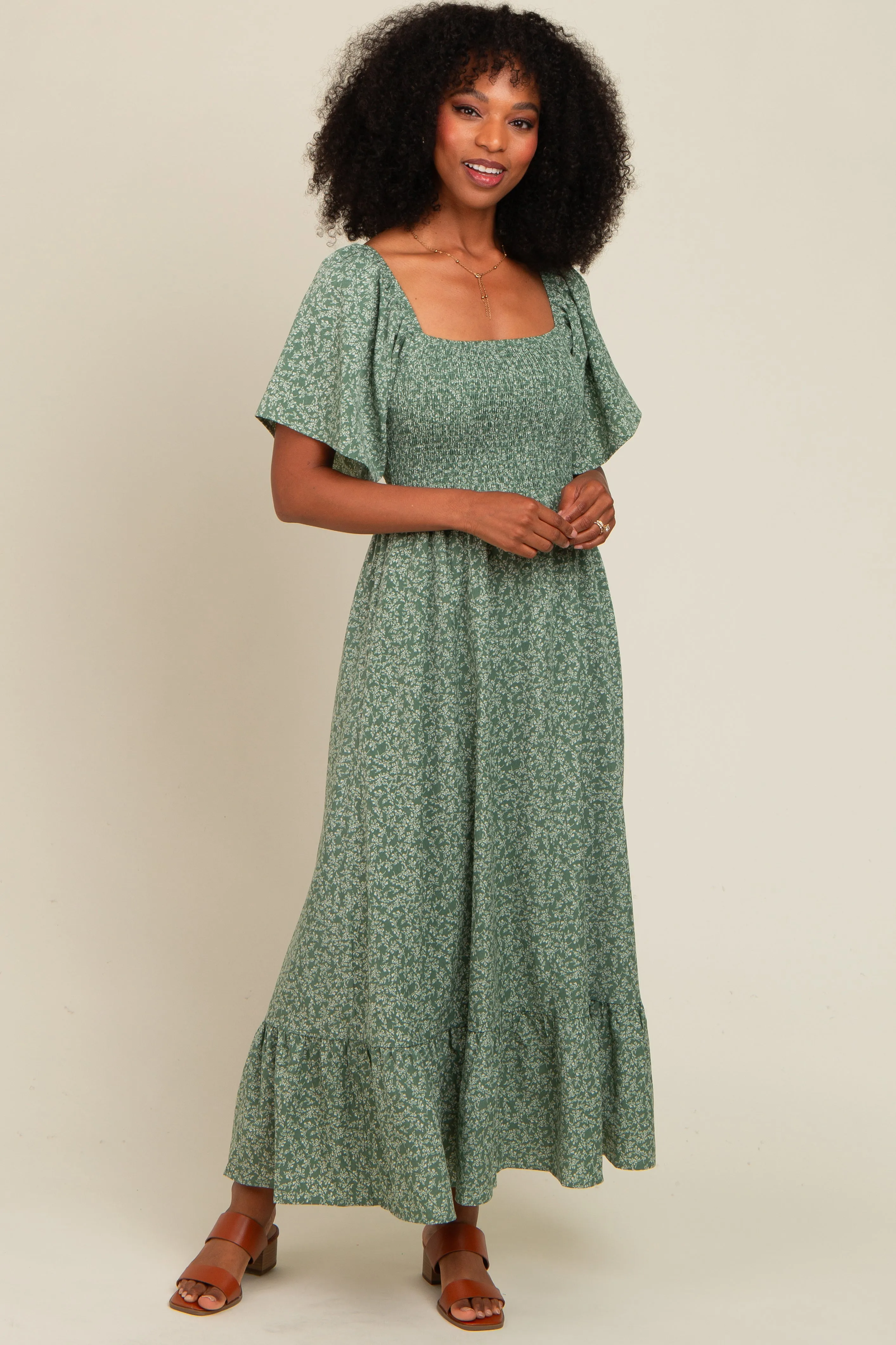 Sage Flowy Ditsy Floral Smocked Midi Dress sold by Pinkblush product image thumbnail 2