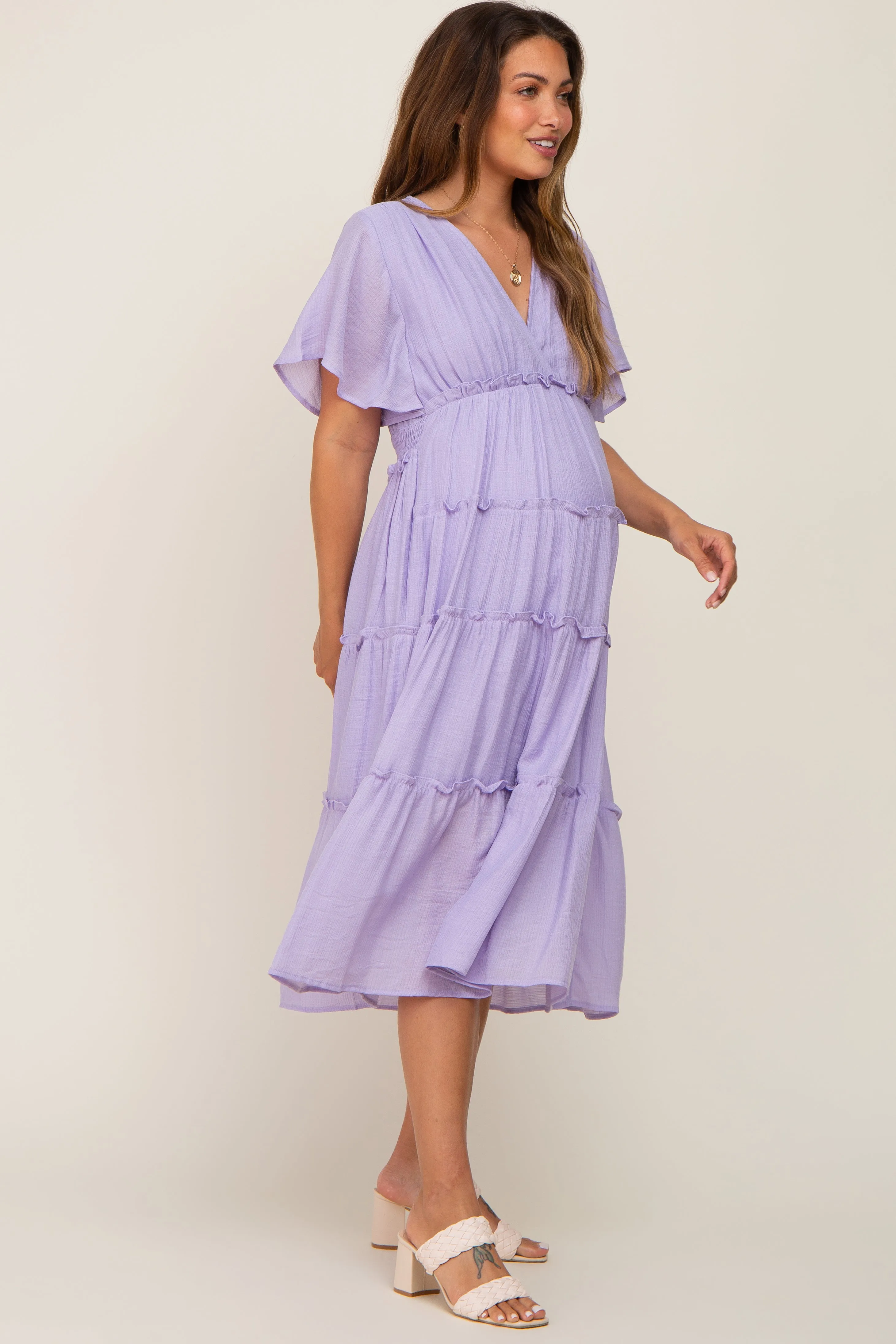 Lavender Ruffle Tiered V-Neck Maternity Midi Dress sold by Pinkblush product image thumbnail 2