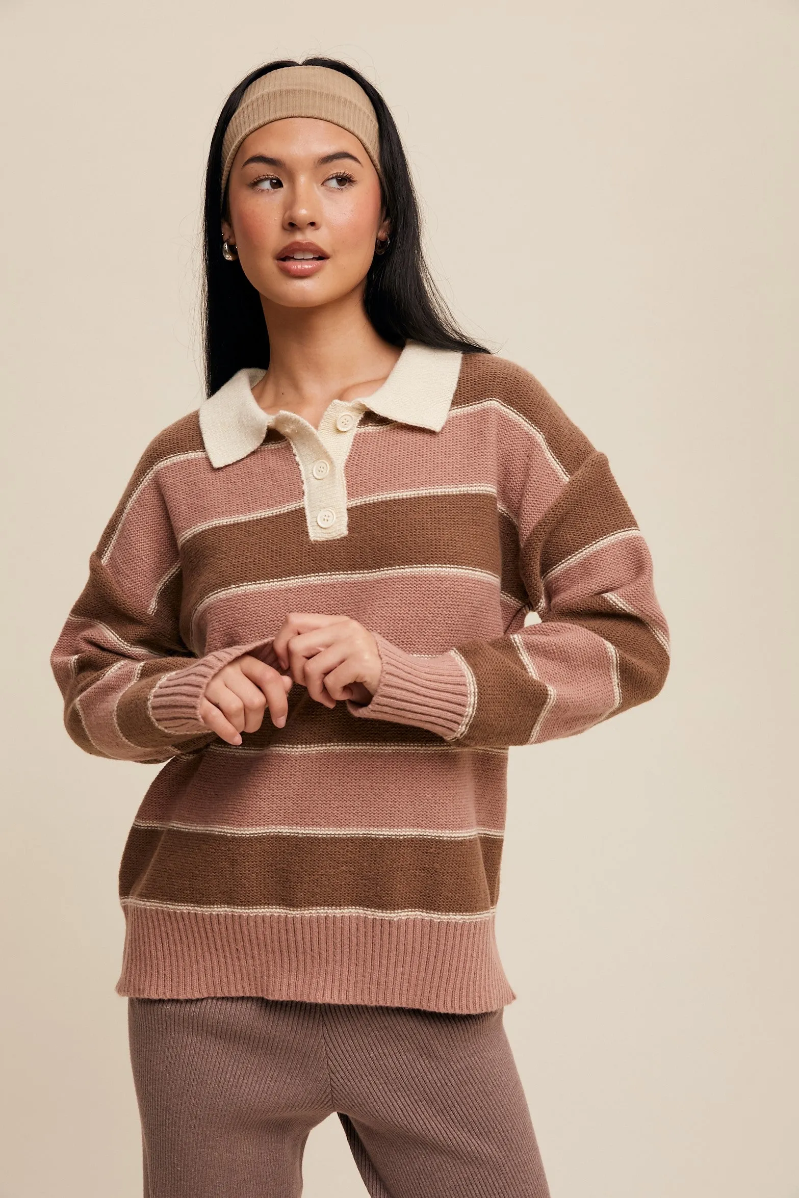 Brown Striped Polo Knit Sweater sold by Pinkblush