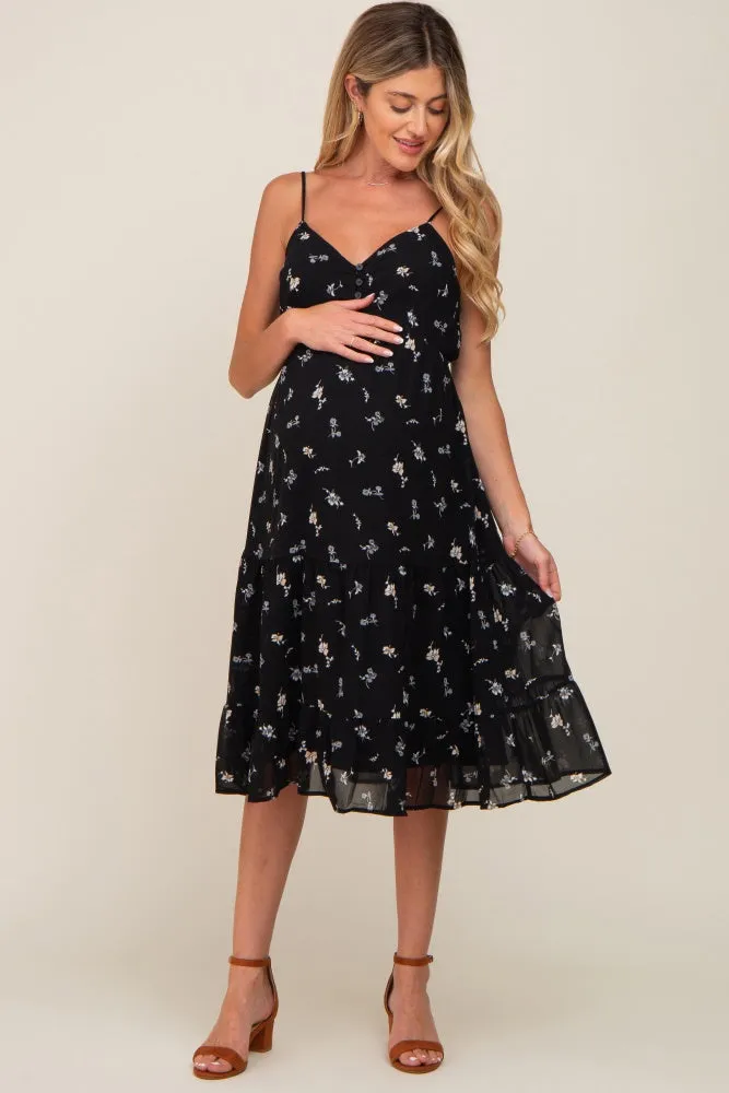 Black Floral Button Tiered Maternity Midi Dress sold by Pinkblush product image thumbnail 2