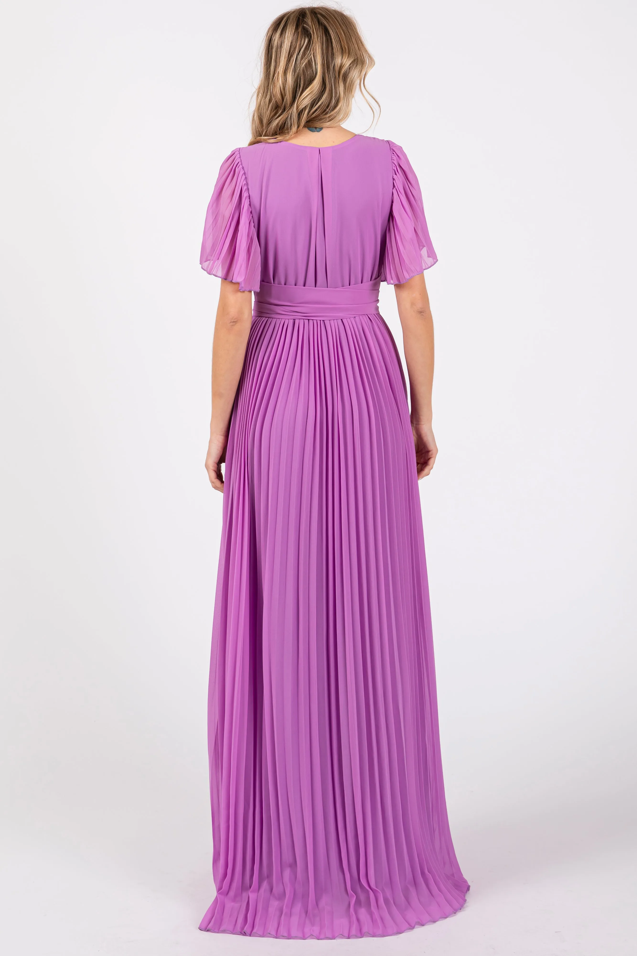 Lavender Chiffon Wrap Front V-Neck Short Sleeve Pleated Maxi Dress sold by Pinkblush product image thumbnail 2