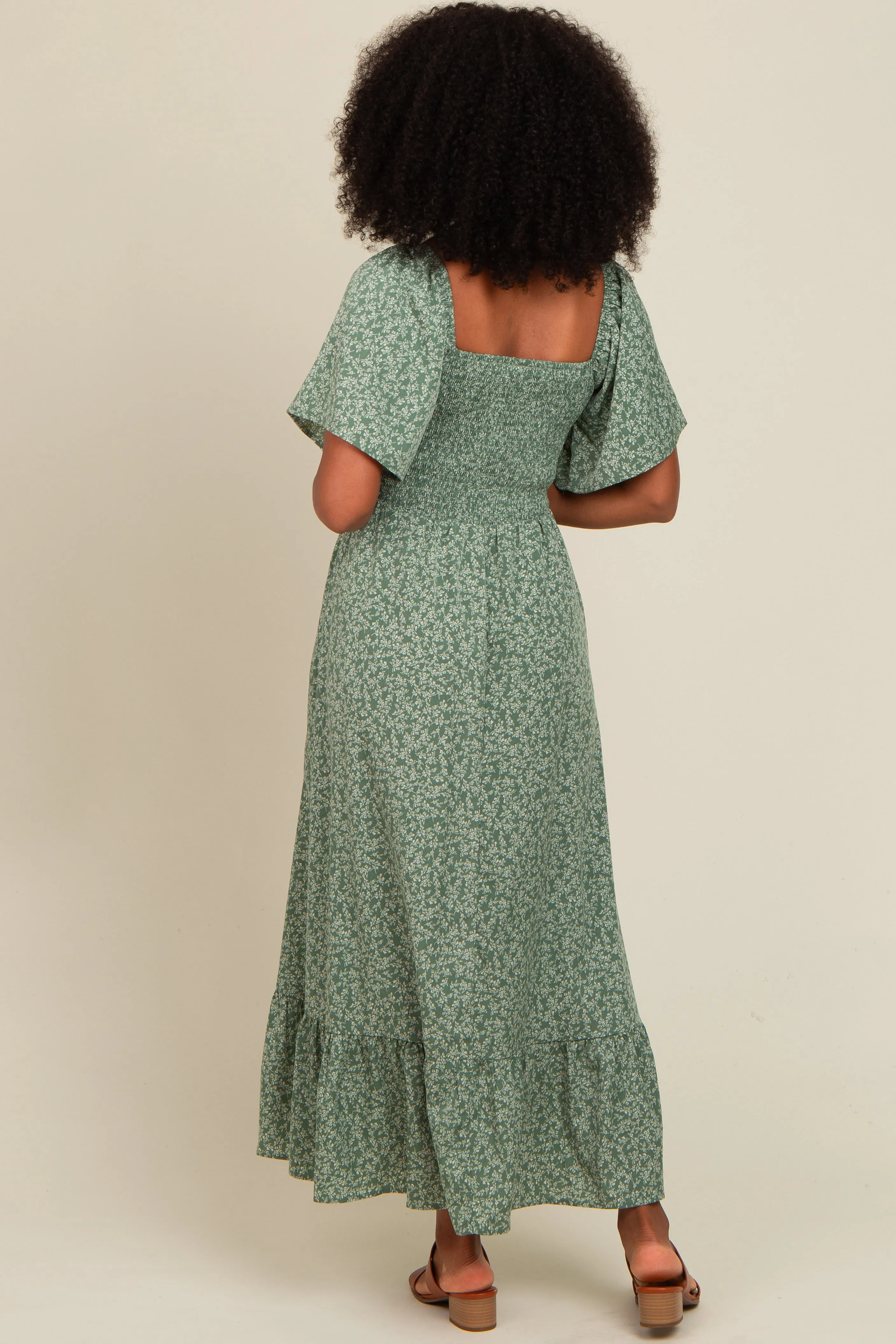 Sage Flowy Ditsy Floral Smocked Midi Dress sold by Pinkblush product image thumbnail 4