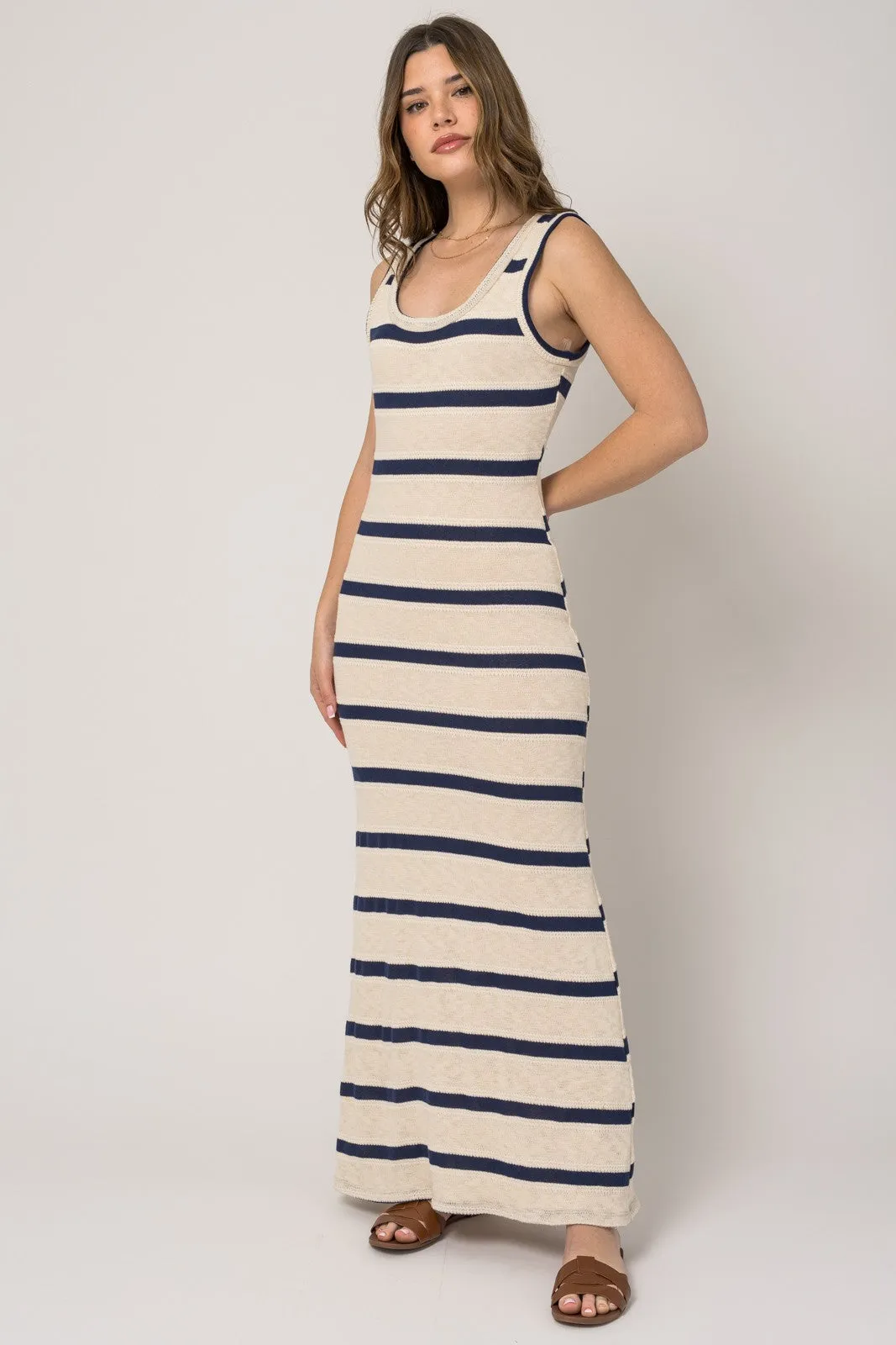 Navy Blue Striped Sleeveless Knit Maxi Dress sold by Pinkblush