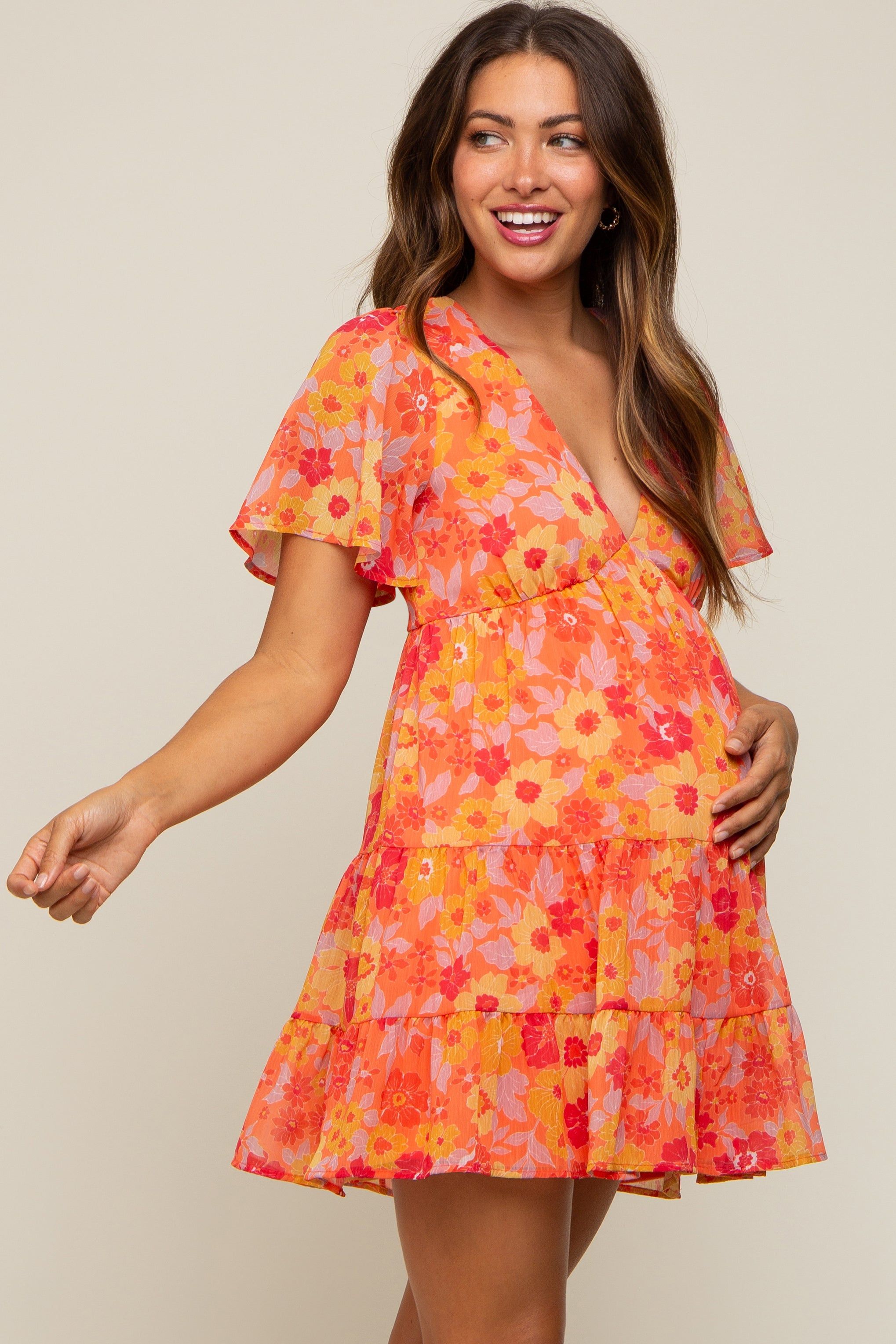 Orange Floral Chiffon Flutter Short Sleeve Lace-Up Back Maternity Dress sold by Pinkblush product image thumbnail 2