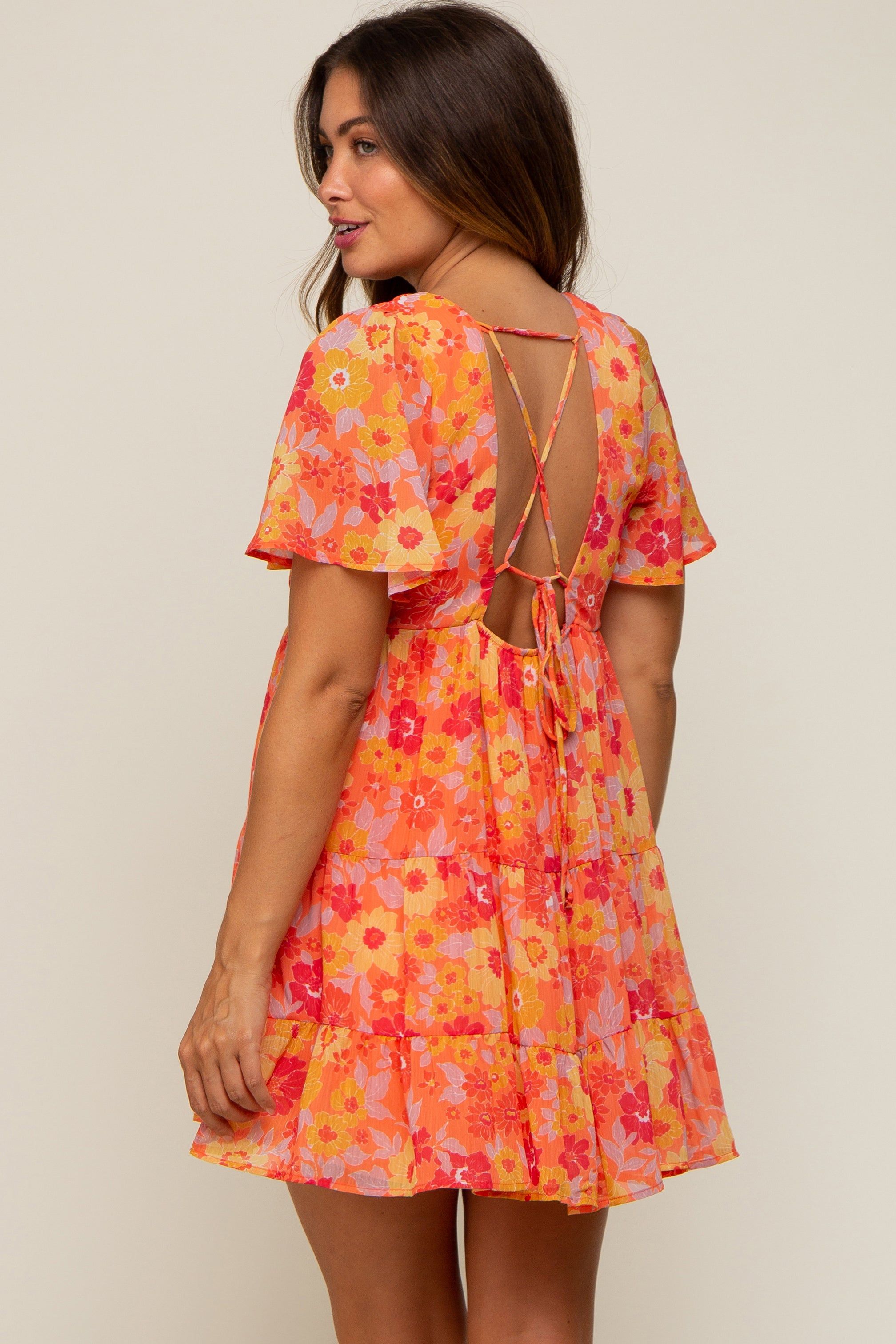 Orange Floral Chiffon Flutter Short Sleeve Lace-Up Back Maternity Dress sold by Pinkblush product image thumbnail 3