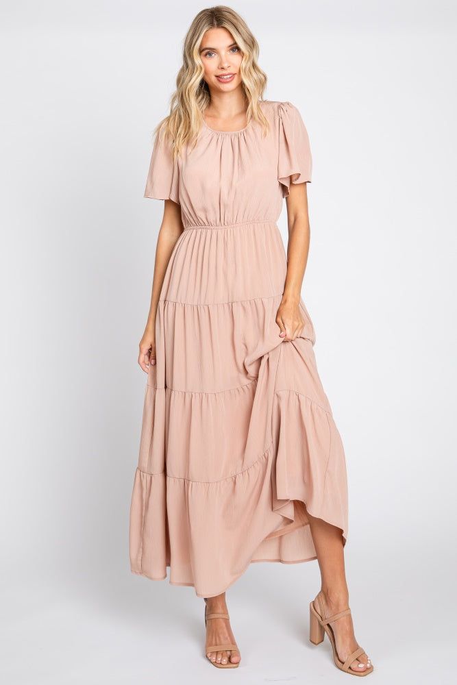 Mauve Tiered Short Sleeve Midi Dress sold by Pinkblush